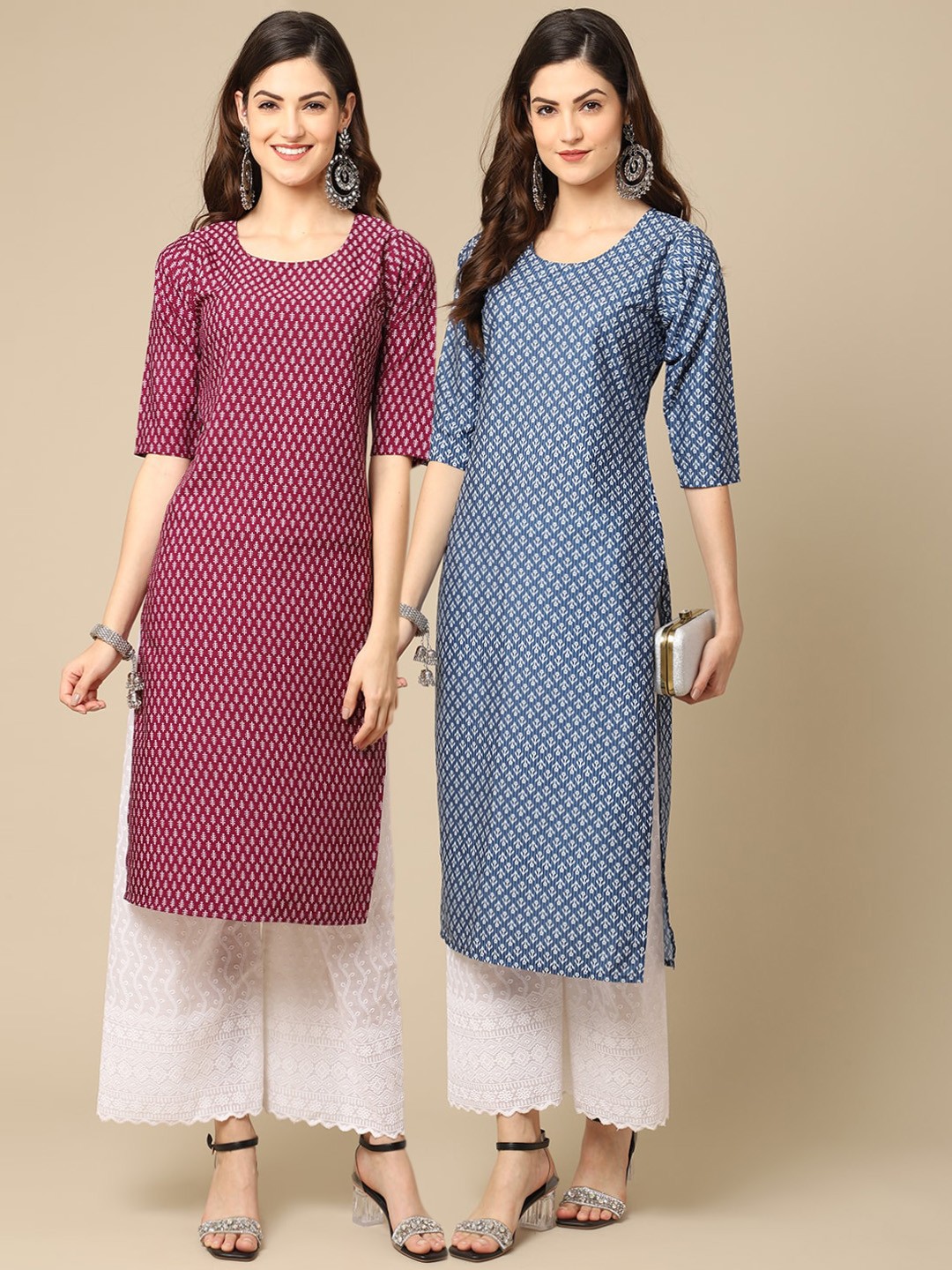 

7Threads Women Set Of 2 Violet & Blue Floral Printed Crepe Kurta