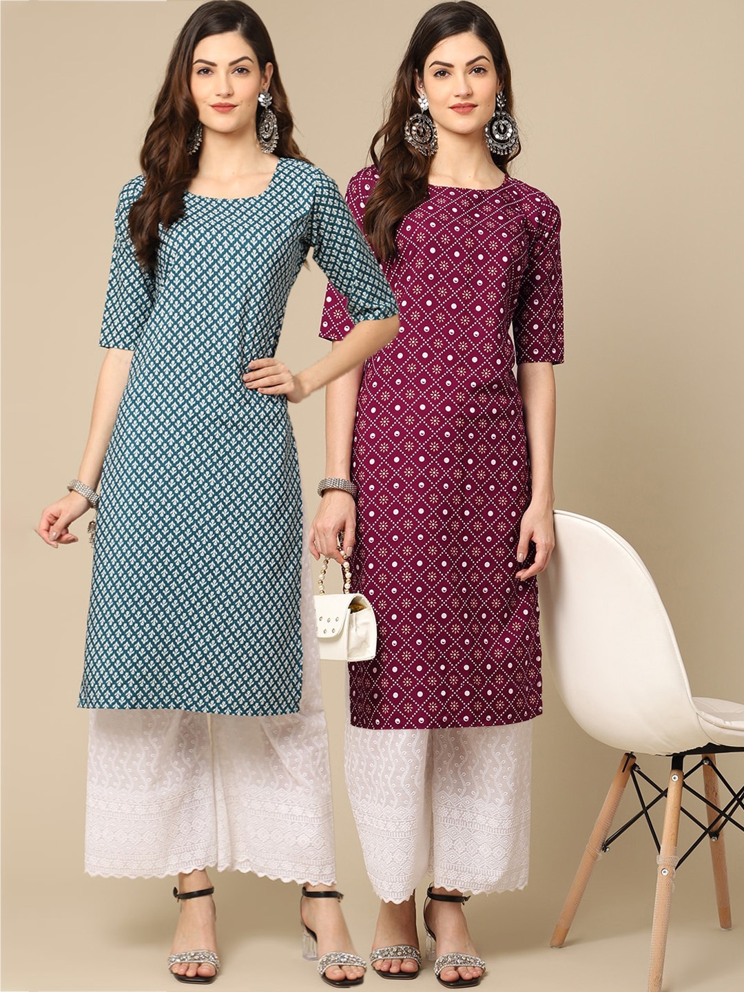 

7Threads Women Green & Magenta Geometric Printed Crepe Kurta