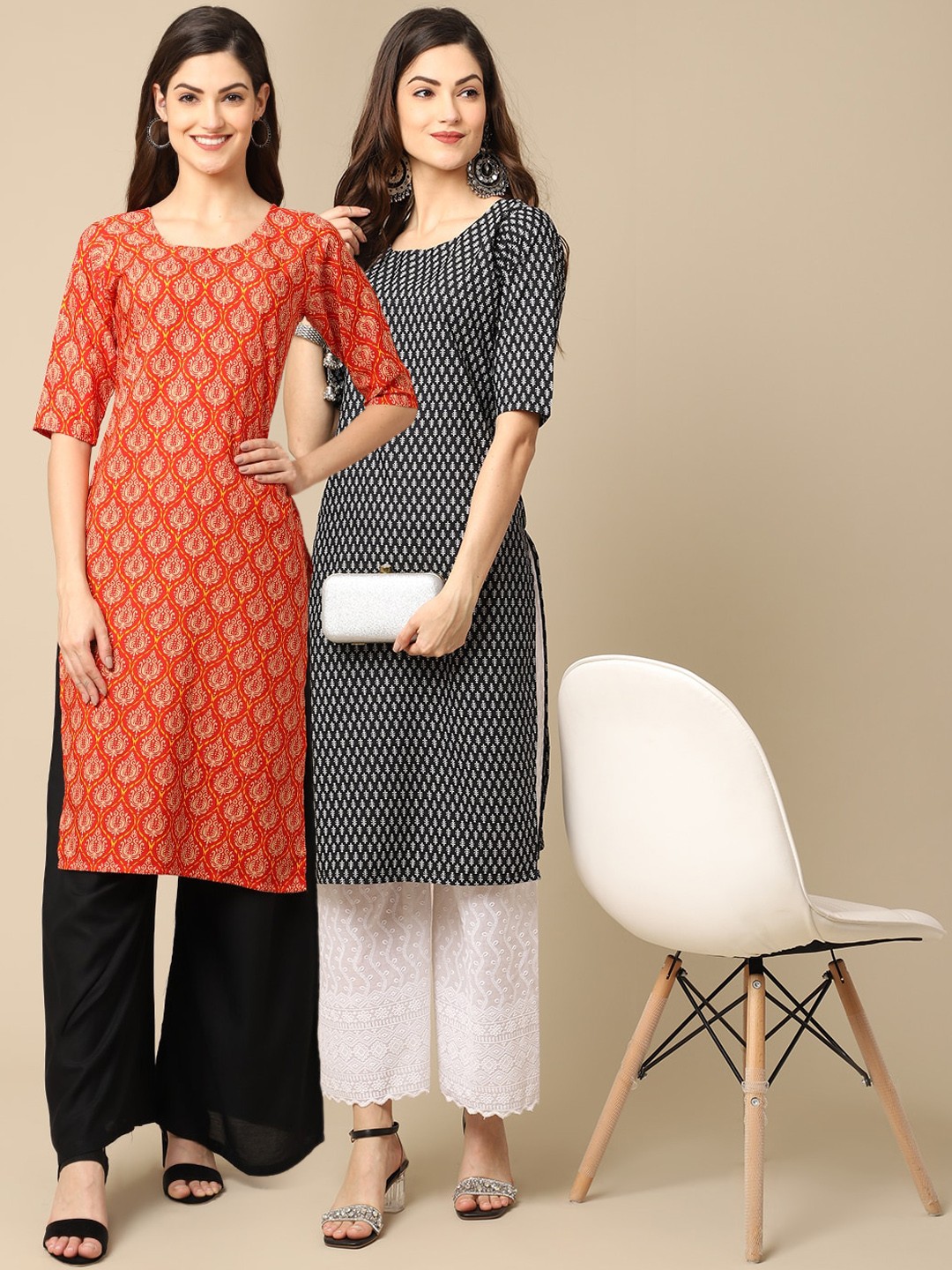 

7Threads Set of 2 Women Printed Block Print Handloom Crepe Straight Kurta, Orange
