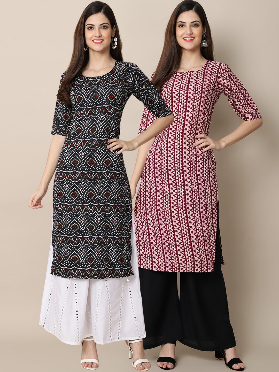 

7Threads Pack Of 2 Women Black & Red Printed Crepe Kurta