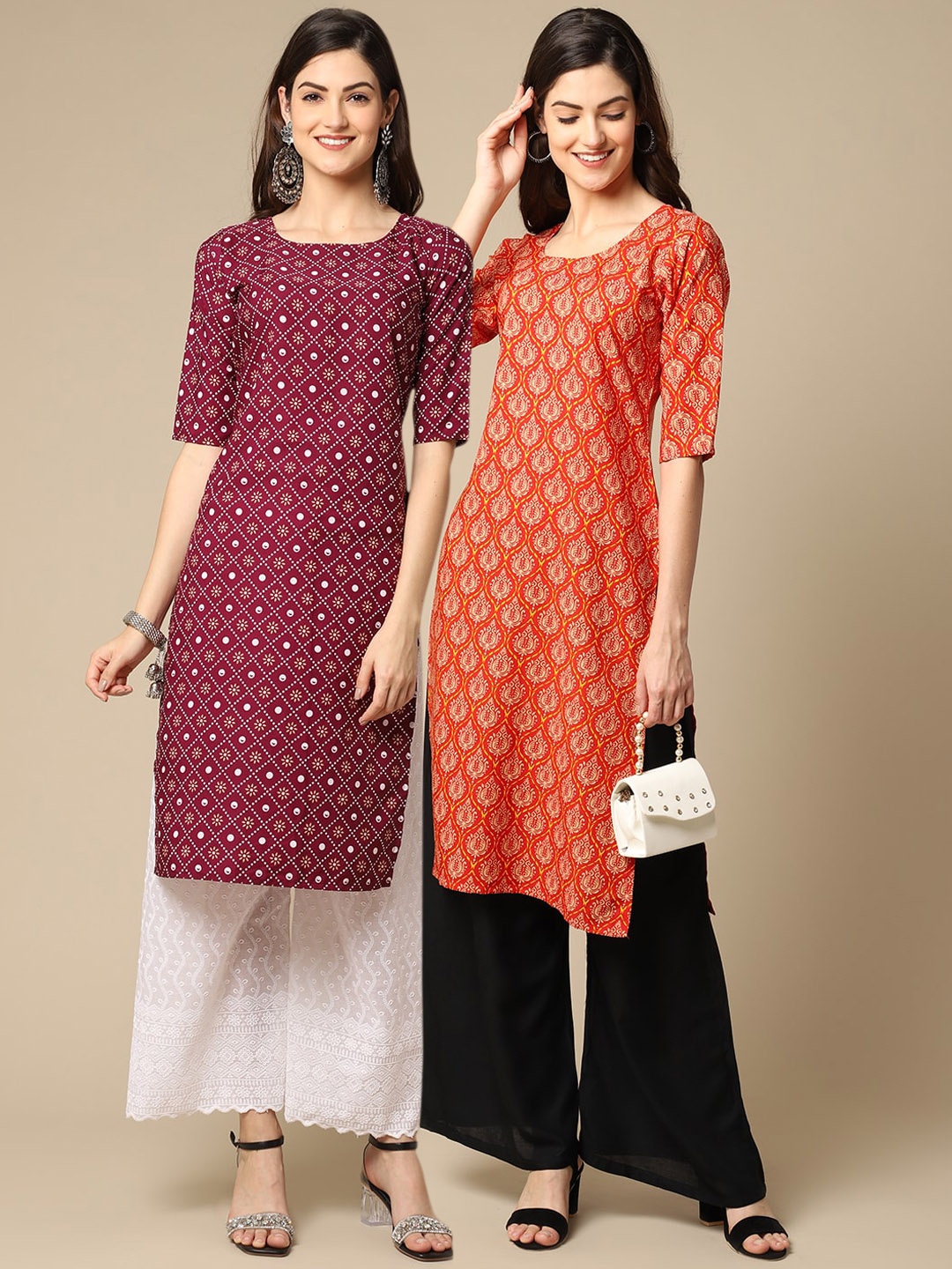 

7Threads Women's Crepe Maroon & Orange Color Printed Straight Handloom Kurta (PACK OF 2)