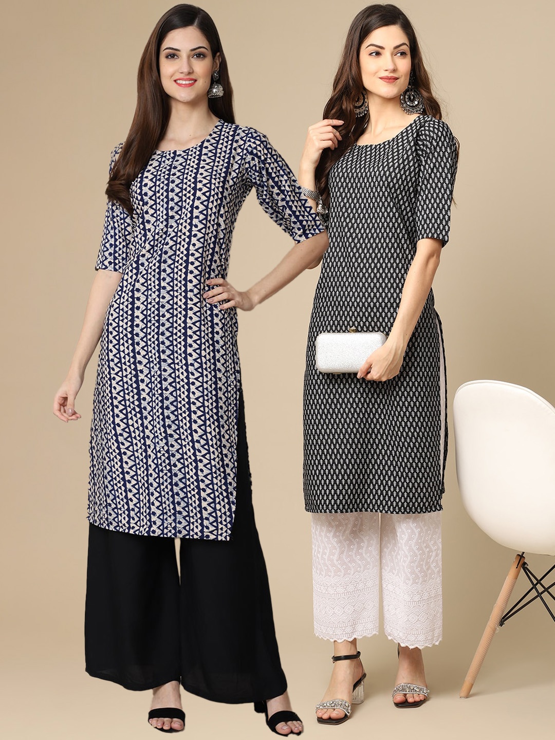 7Threads Pack Of 2 Women Black & White Geometric Printed Crepe Kurta