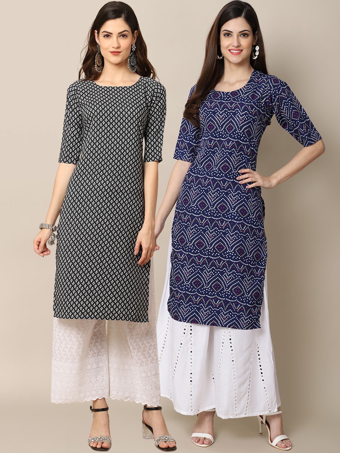 

7Threads Women Pack Of 2 Black & Blue Geometric Printed Crepe Kurta