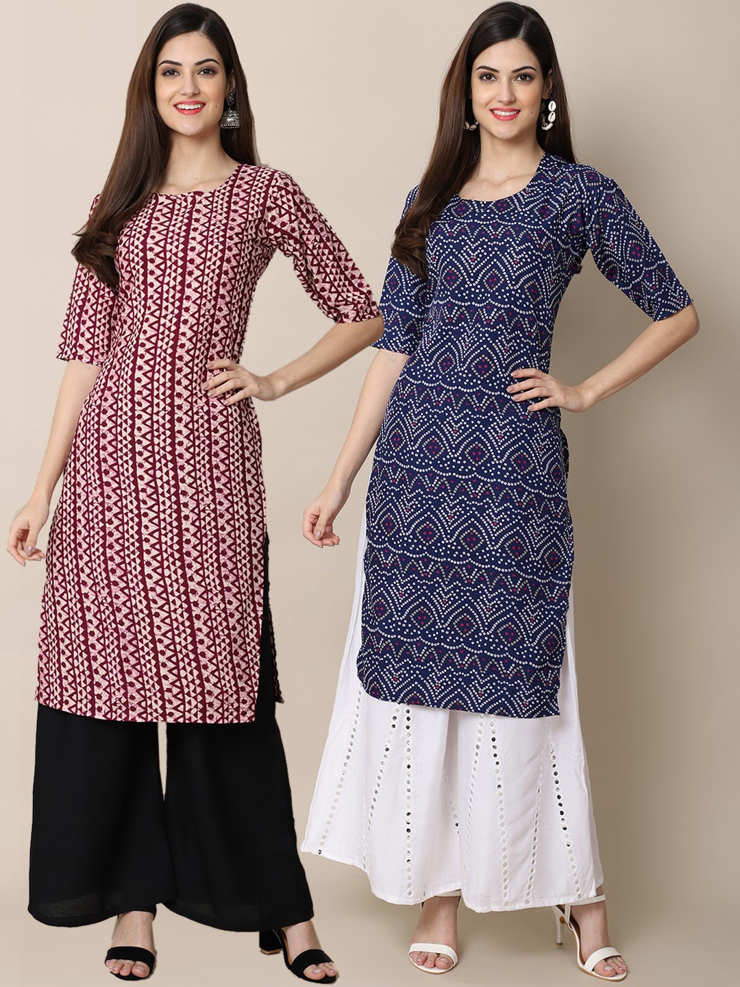 

7Threads Women Maroon & Blue Geometric Printed Block Print Handloom Crepe Kurta