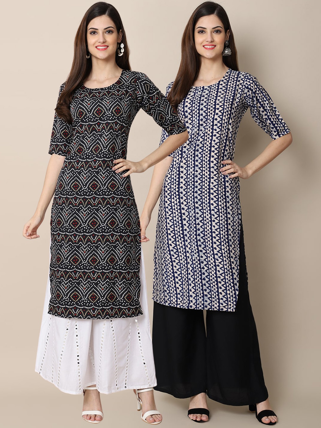 

7Threads Women Pack Of 2 Black & Blue Ethnic Motifs Printed Crepe Kurta