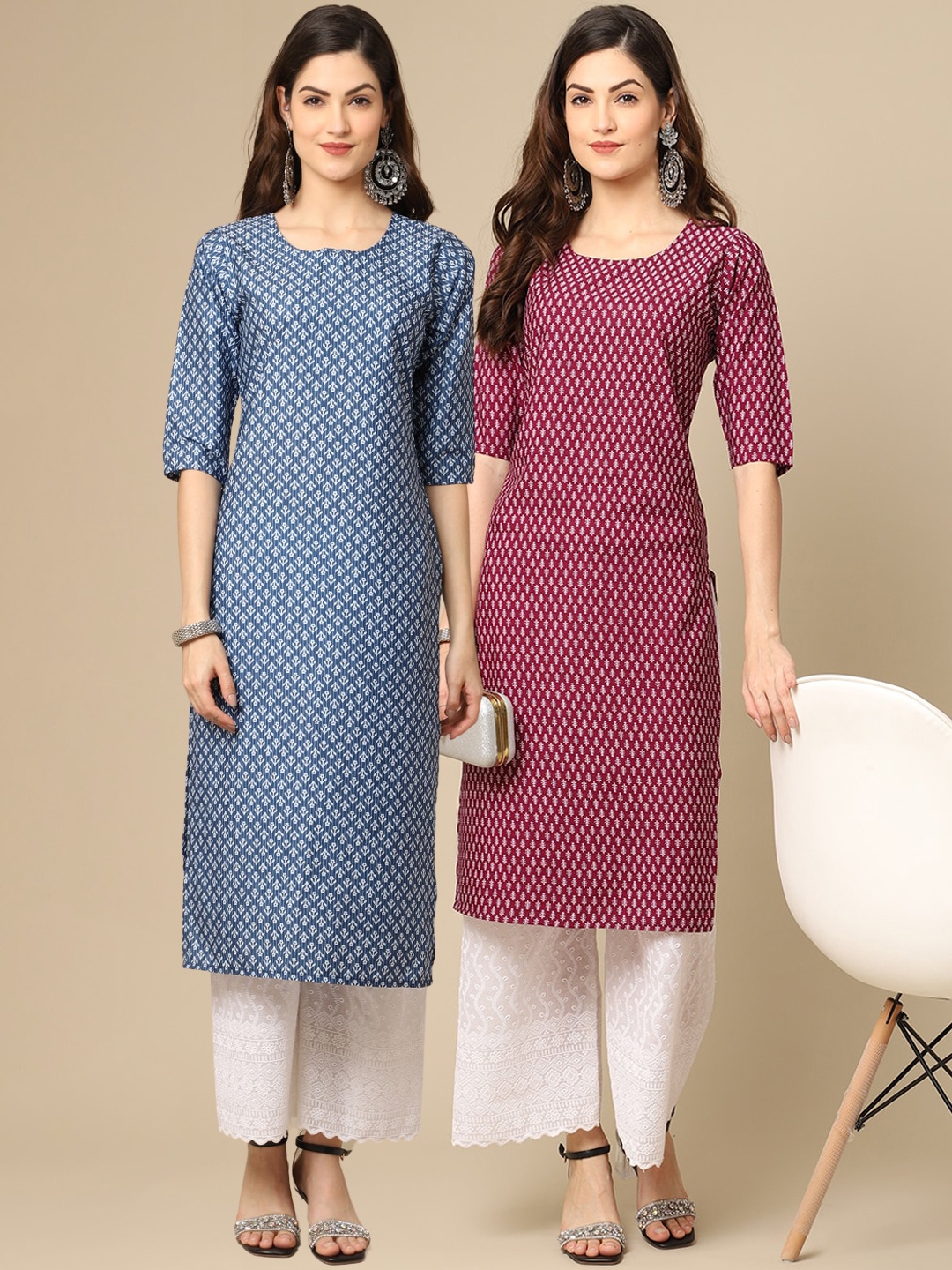 

7Threads Pack Of 2 Women Blue & Red Printed Crepe Kurta