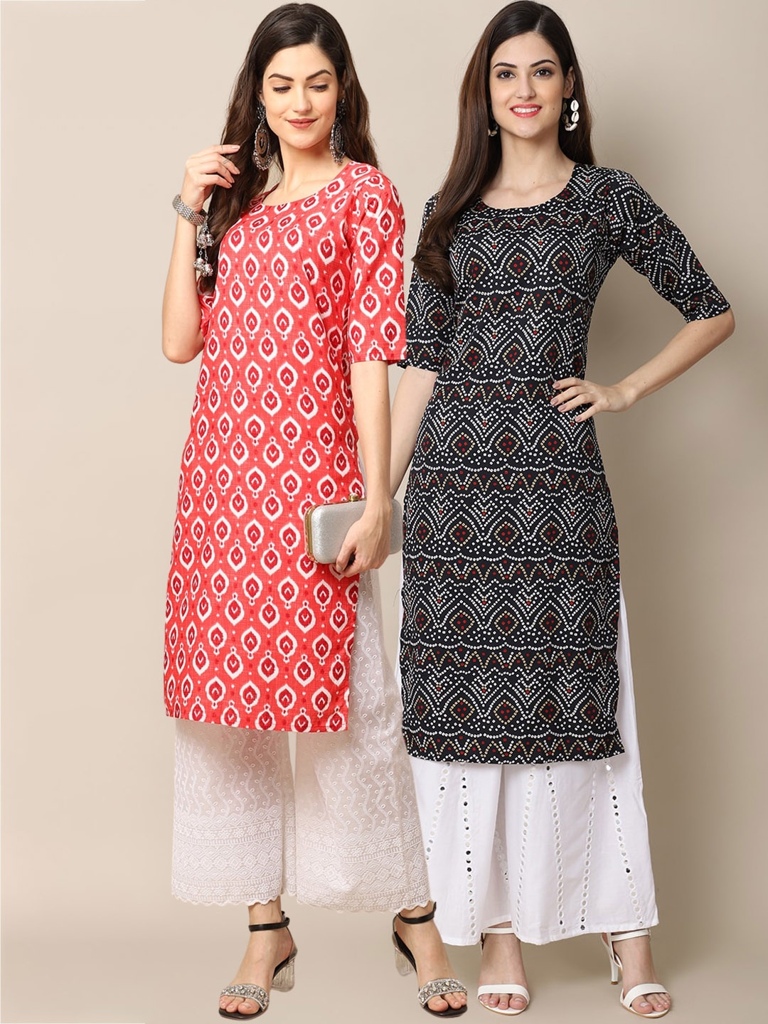 

7Threads Women Pack Of 2 Peach-Coloured & Black Ethnic Motifs Printed Crepe Kurta