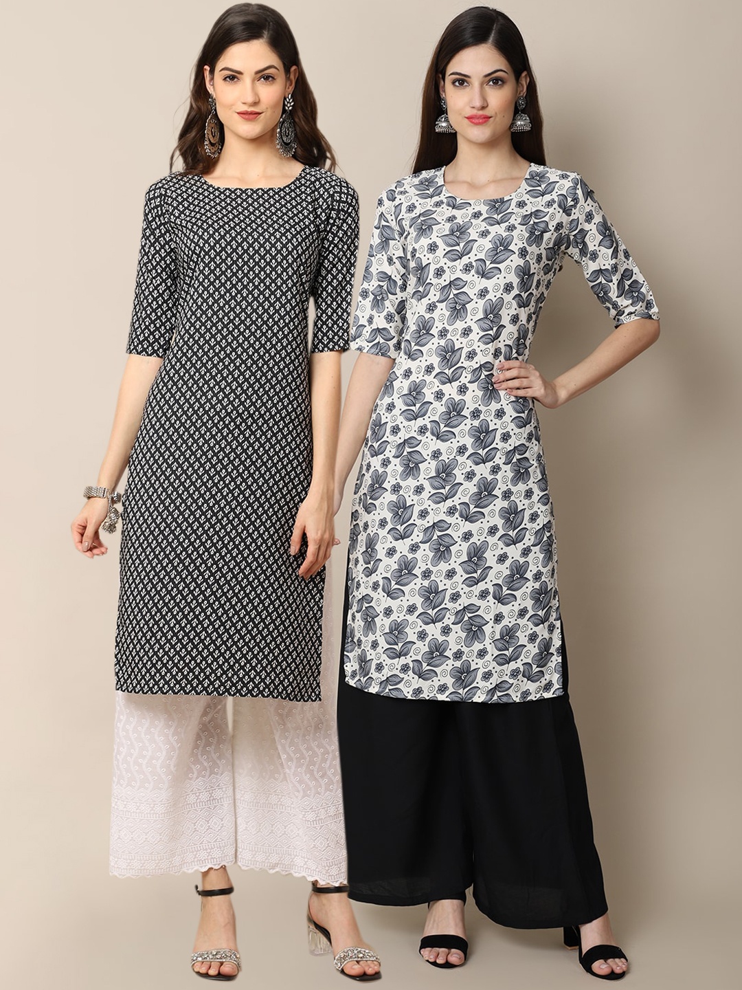 

7Threads Women Pack Of 2 Black & White Floral Printed Crepe Kurta