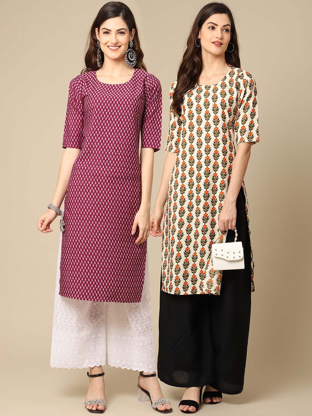 

7Threads Women Pack of 2 Magenta & Beige Geometric Printed Crepe Kurta