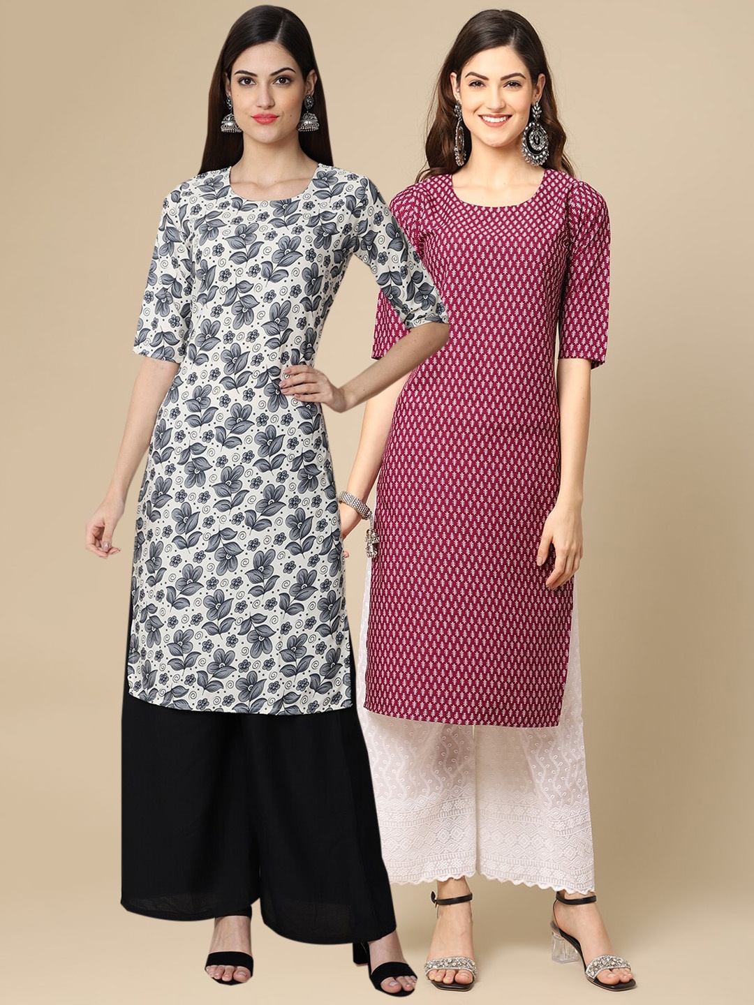

7Threads Women Pack Of 2 Geometric Block Print Handloom Crepe Kurta, Multi