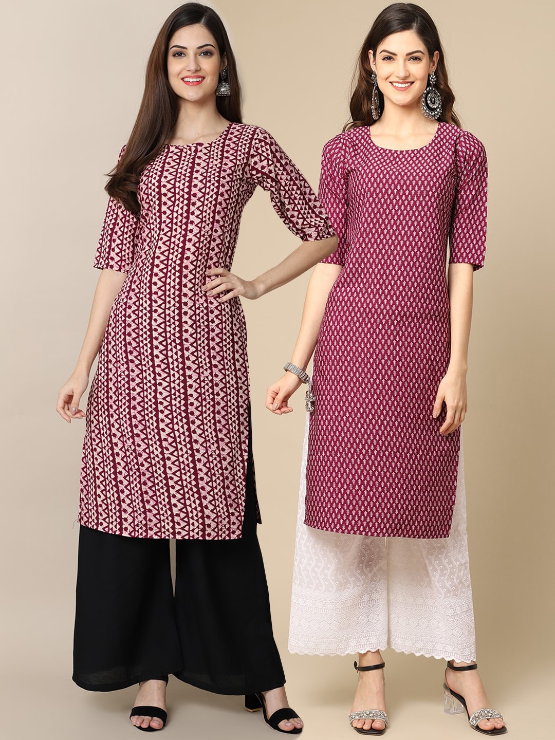 7Threads Women Multicoloured Pack Of 2 Geometric Printed Crepe Kurta, Multi
