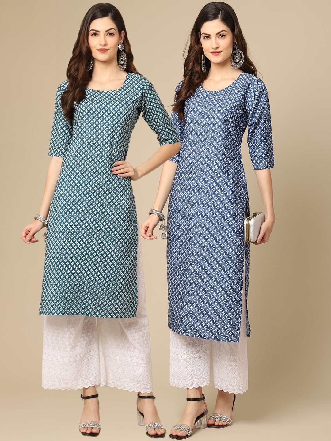 

7Threads Women Pack Of 2 Green & Blue Floral Striped Block Print Crepe Kurtas