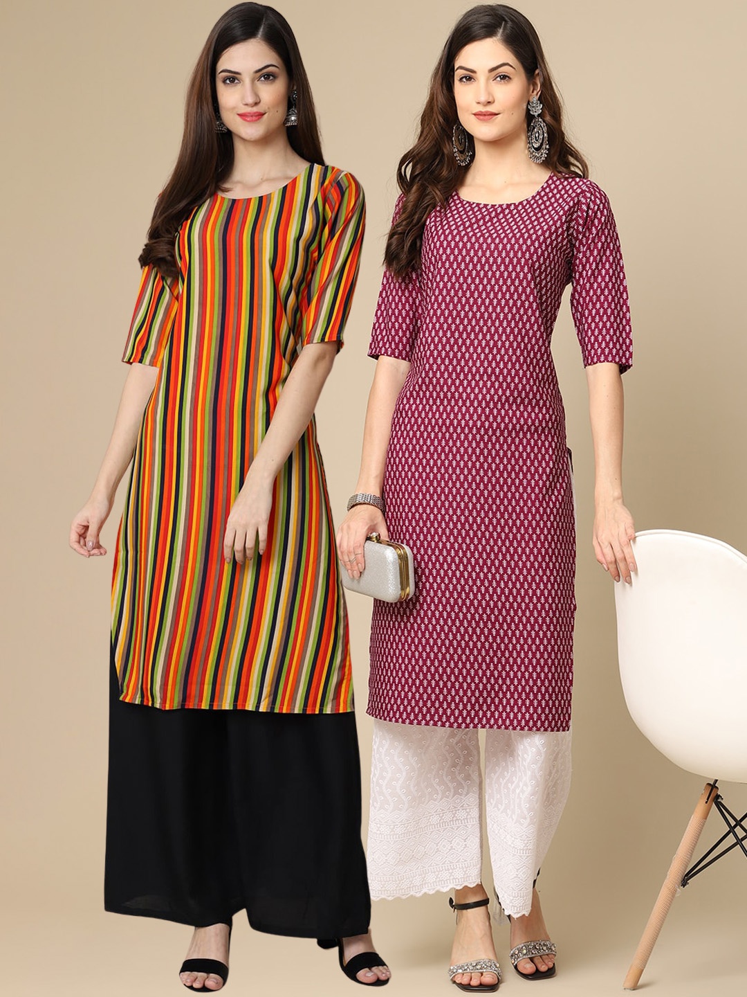 

7Threads Women Pack Of 2 Yellow & Purple Printed Block Print Crepe Kurtas