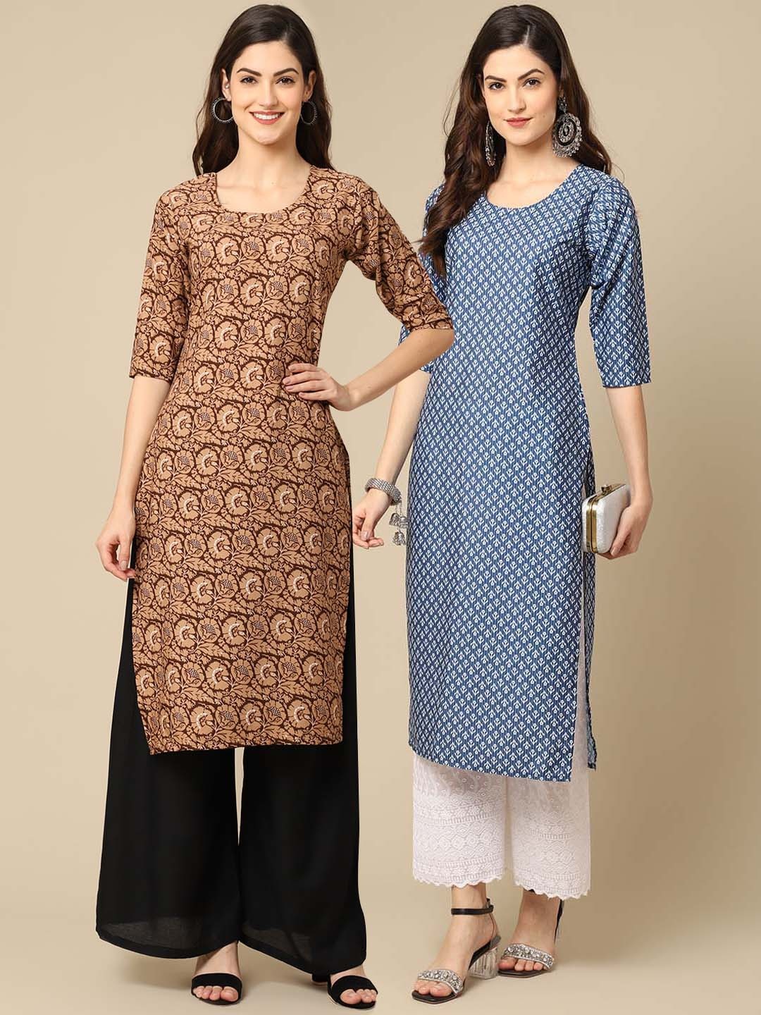 

7Threads Women Brown & Blue Geometric Printed Crepe Pack of 2 Kurta