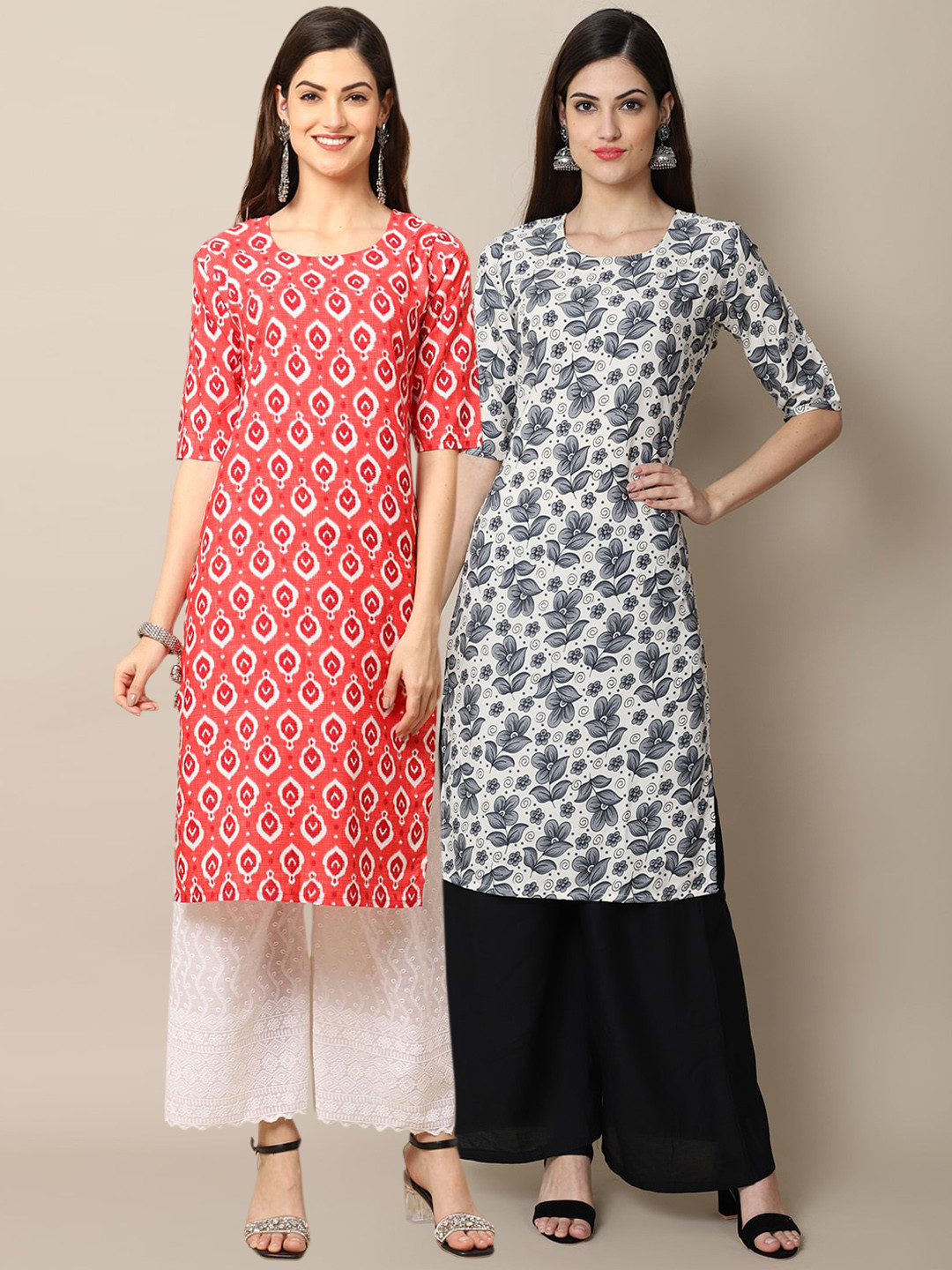 

7Threads Women Pack of 2 Peach and White Block Print Handloom Crepe Kurta