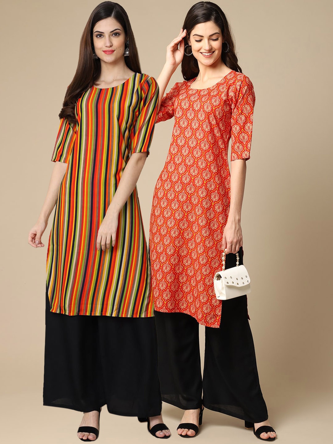 

7Threads Women Set Of 2 Orange & Peach-Coloured Printed Crepe Kurta