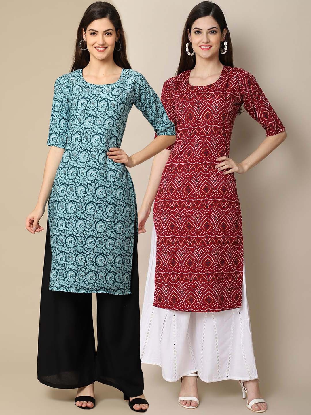 

7Threads Women Pack of 2 Blue & Maroon Floral Printed Block Print Crepe Kurta