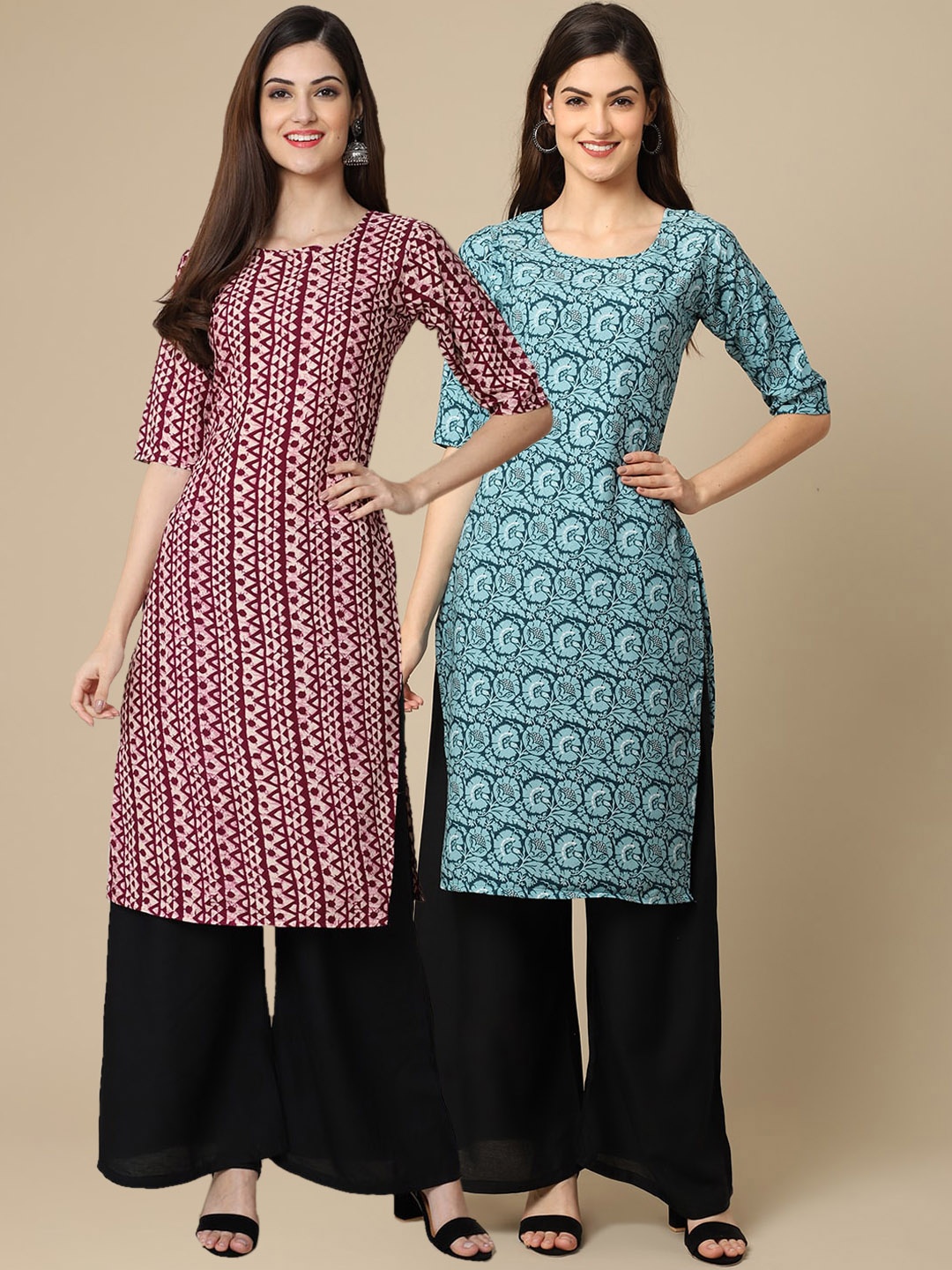 

7Threads Women Pack of 2 Maroon & Blue Ethnic Motifs Printed Crepe Kurta