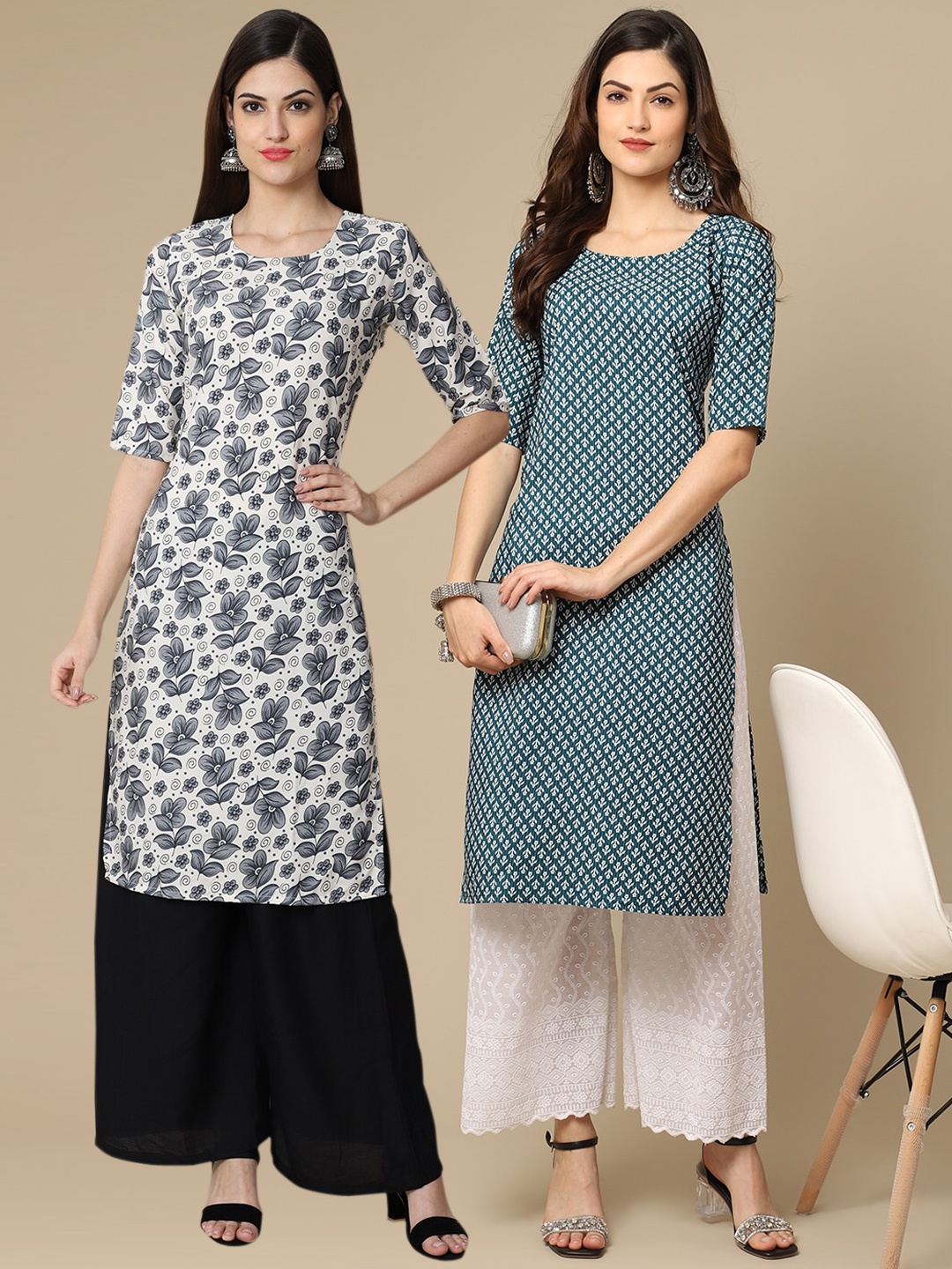 

7Threads Women Pack of 2 White & Teal Ethnic Motifs Printed Crepe Kurta