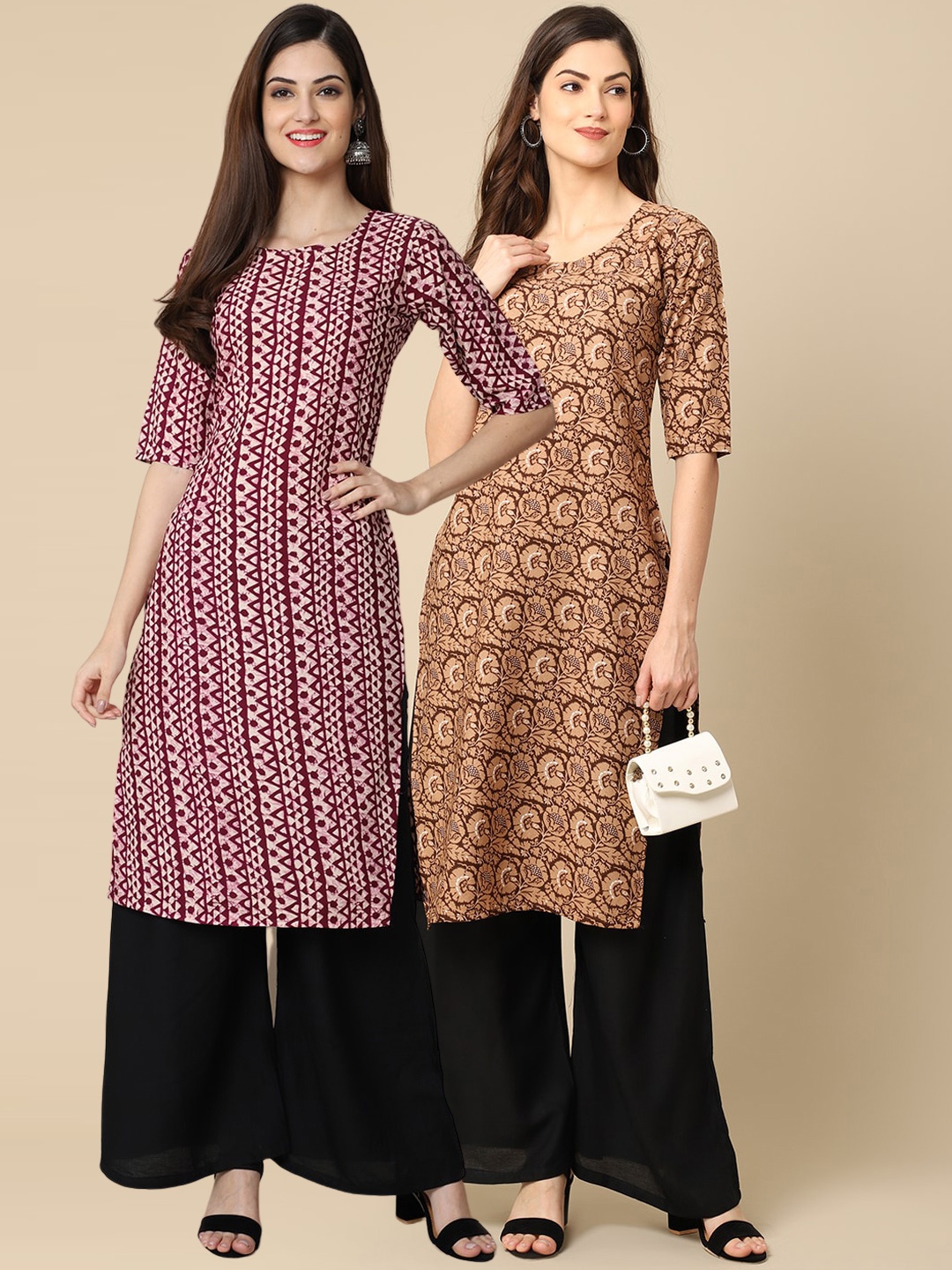 

7Threads Women Pack of 2 Burgundy & Beige Geometric Printed Block Print Crepe Kurta