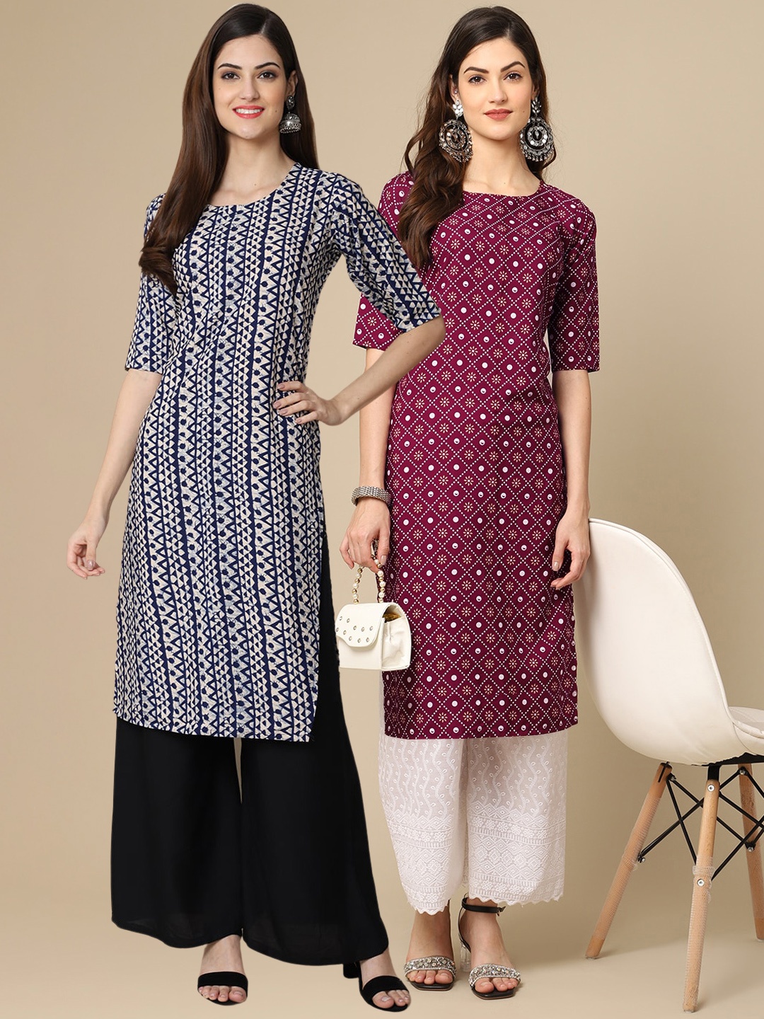 

7Threads Pack of 2 Women Blue & Maroon Ethnic Motifs Printed Crepe Kurta