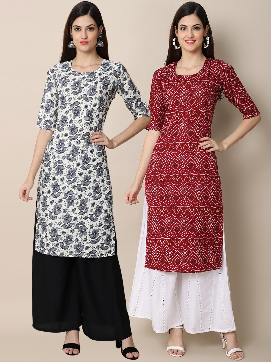 

7Threads Women Pack of 2 Maroon & White Floral Printed Block Print Crepe Kurta