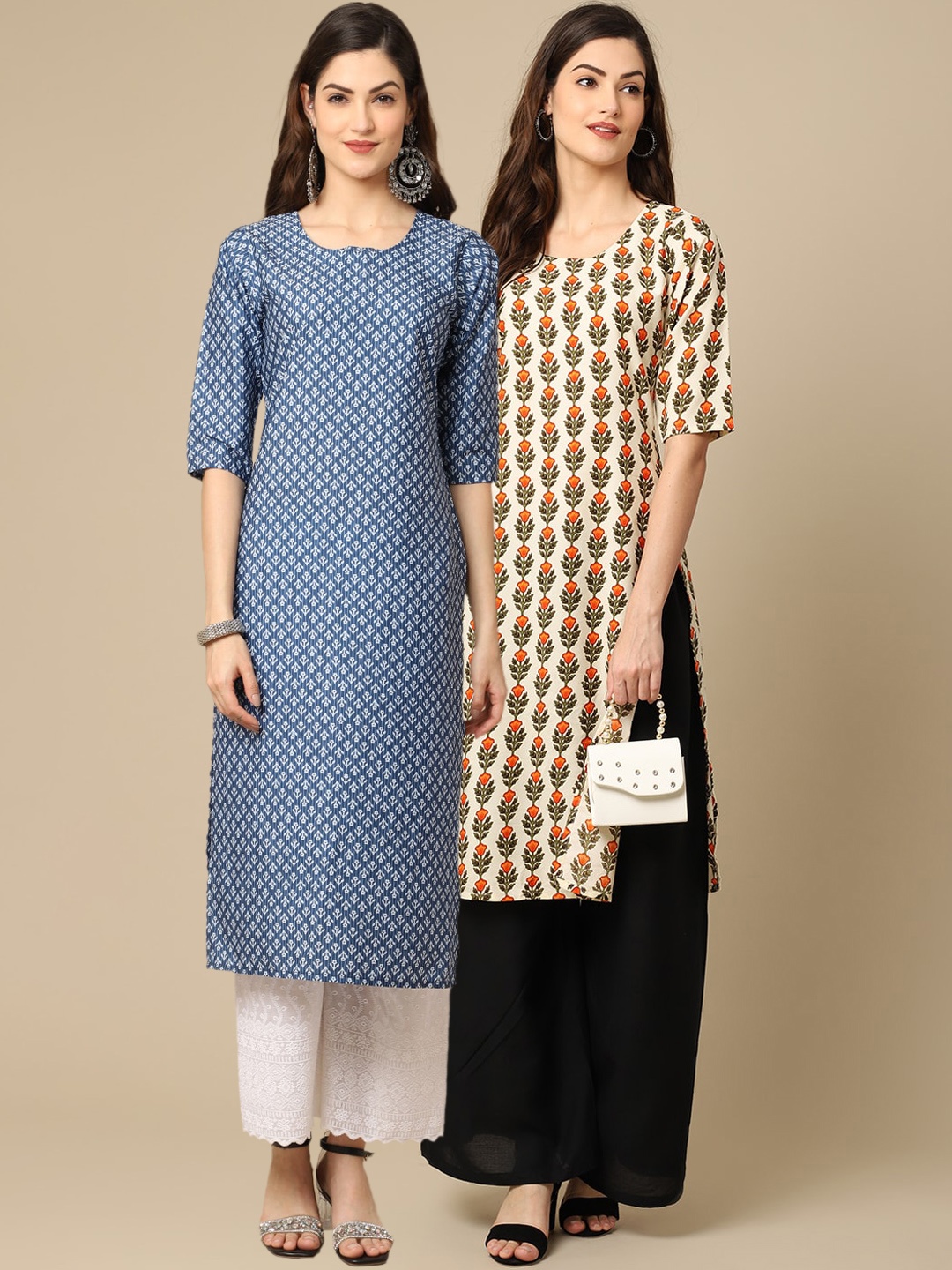 

7Threads Women Pack of 2 Blue & White Ethnic Motifs Printed Crepe Kurta