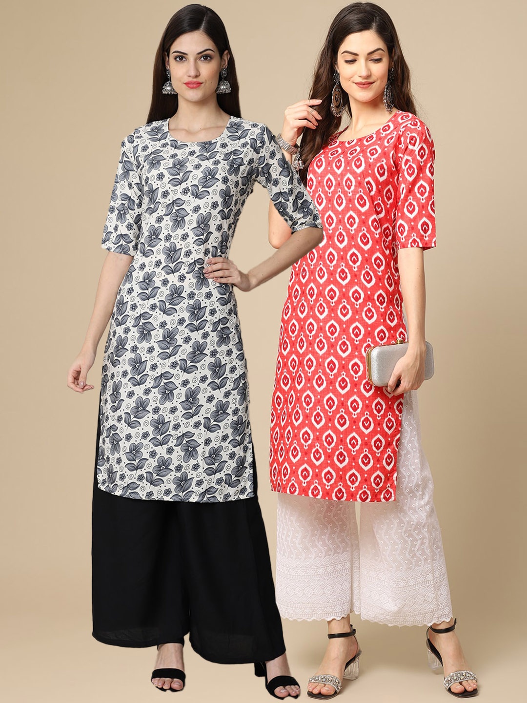 

7Threads Women Pack of 2 White & Peach-Coloured Floral Printed Block Print Crepe Kurta