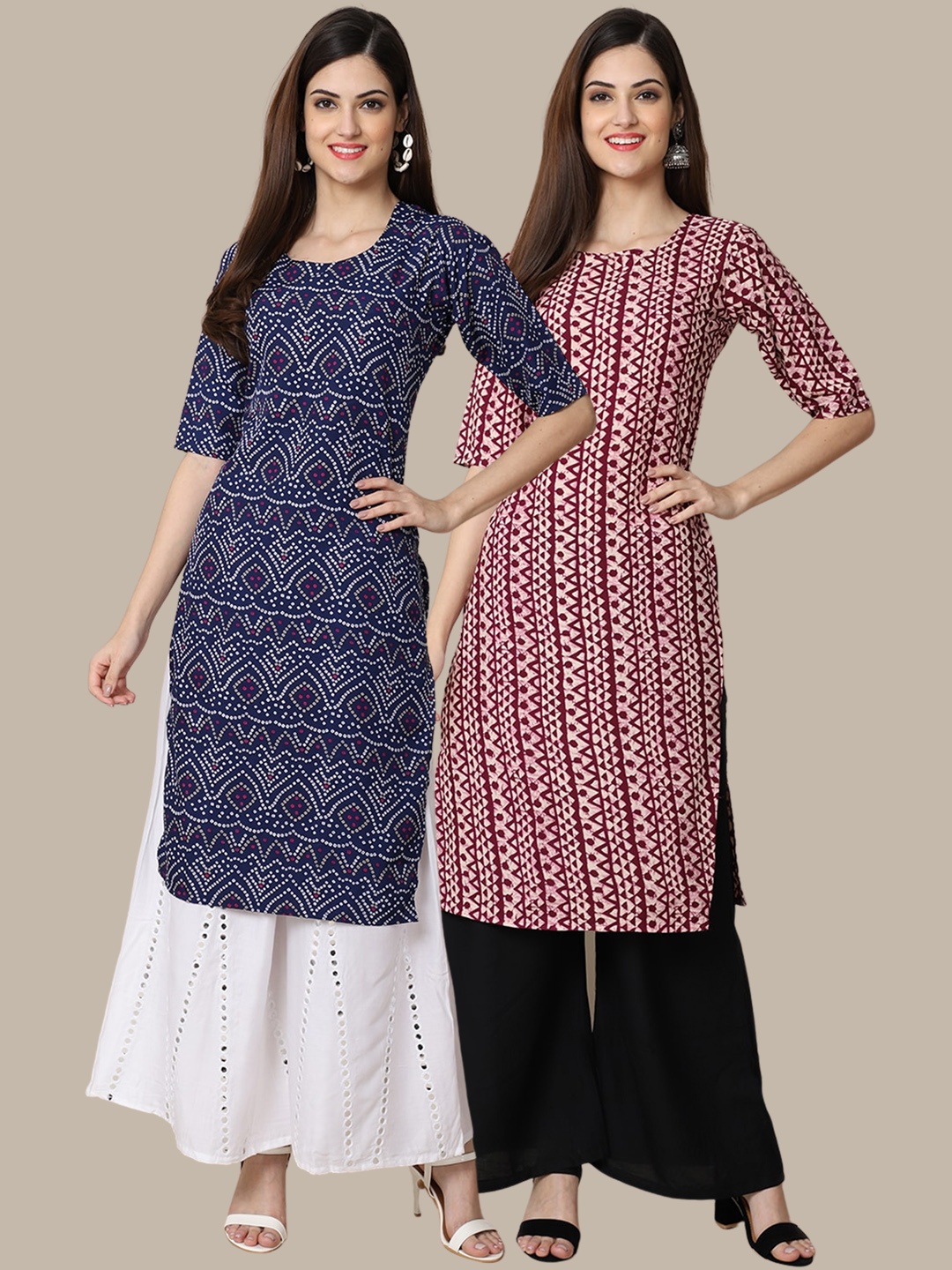 

7Threads Women Pack of 2 Blue & Maroon Ethnic Motifs Printed Crepe Kurta