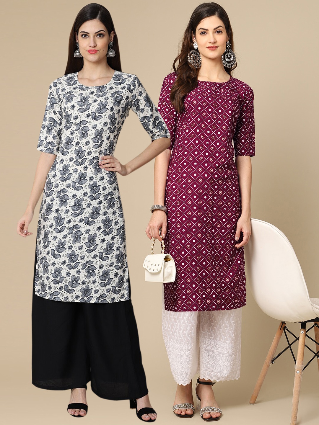 

7Threads Women Pack of 2 Burgundy & White Ethnic Motifs Printed Crepe Kurta