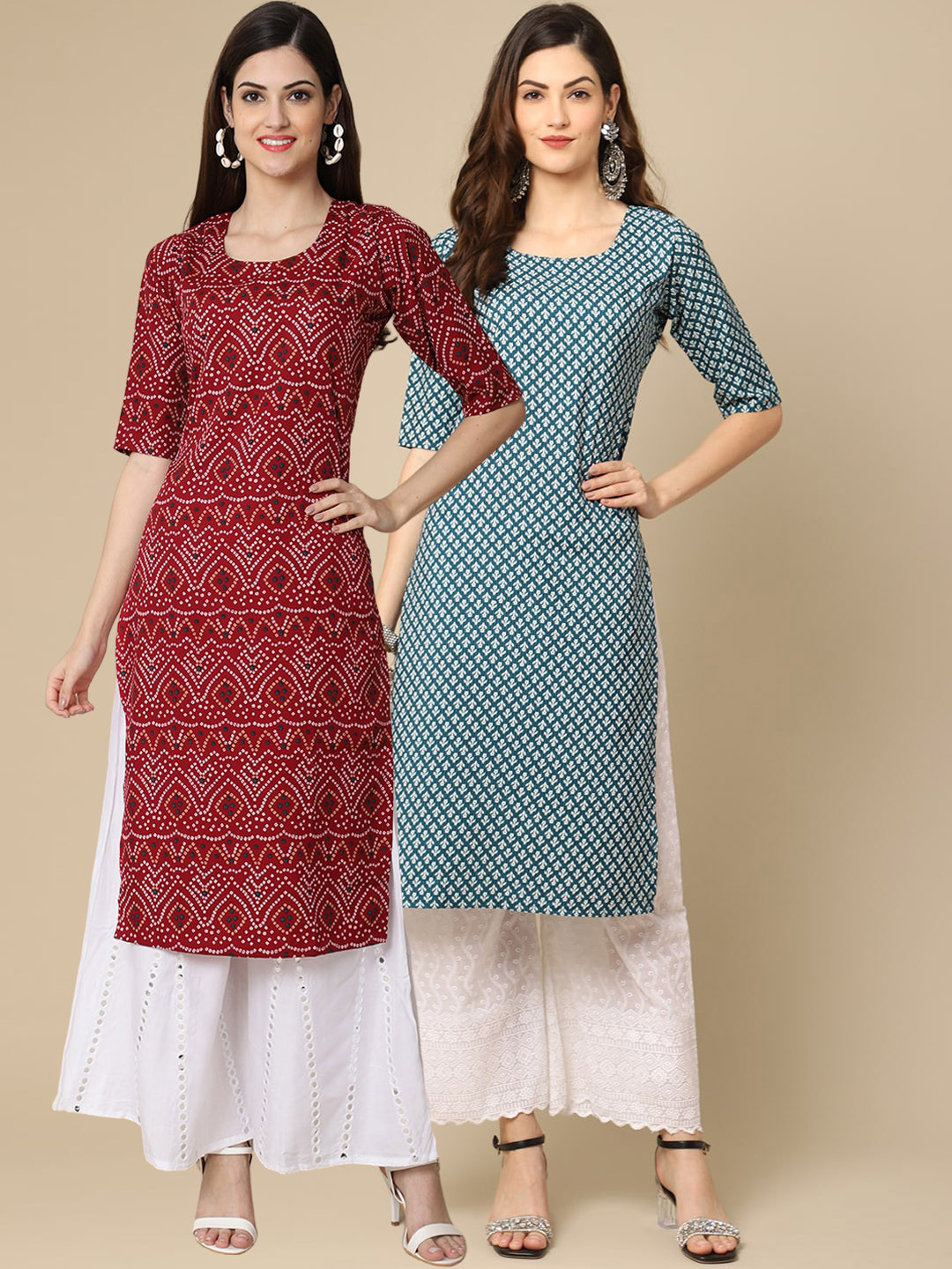 

7Threads Women Pack of 2 Maroon and Blue Geometric Print Crepe Kurta