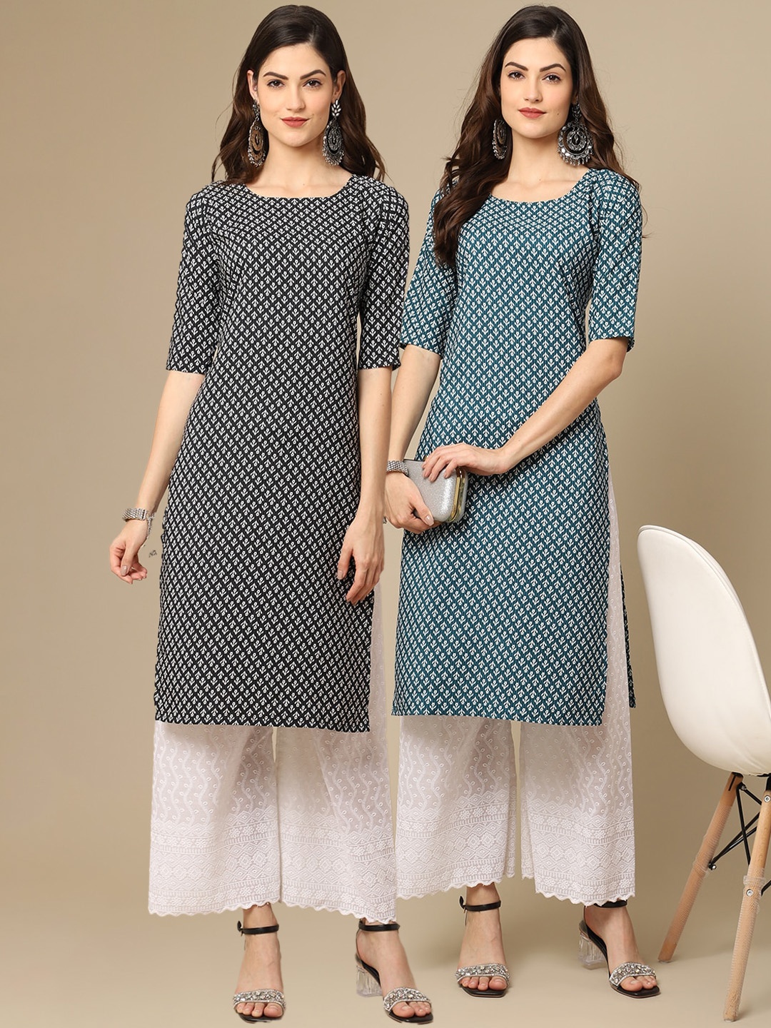 

7Threads Women Pack of 2 Printed Crepe Kurta, Black