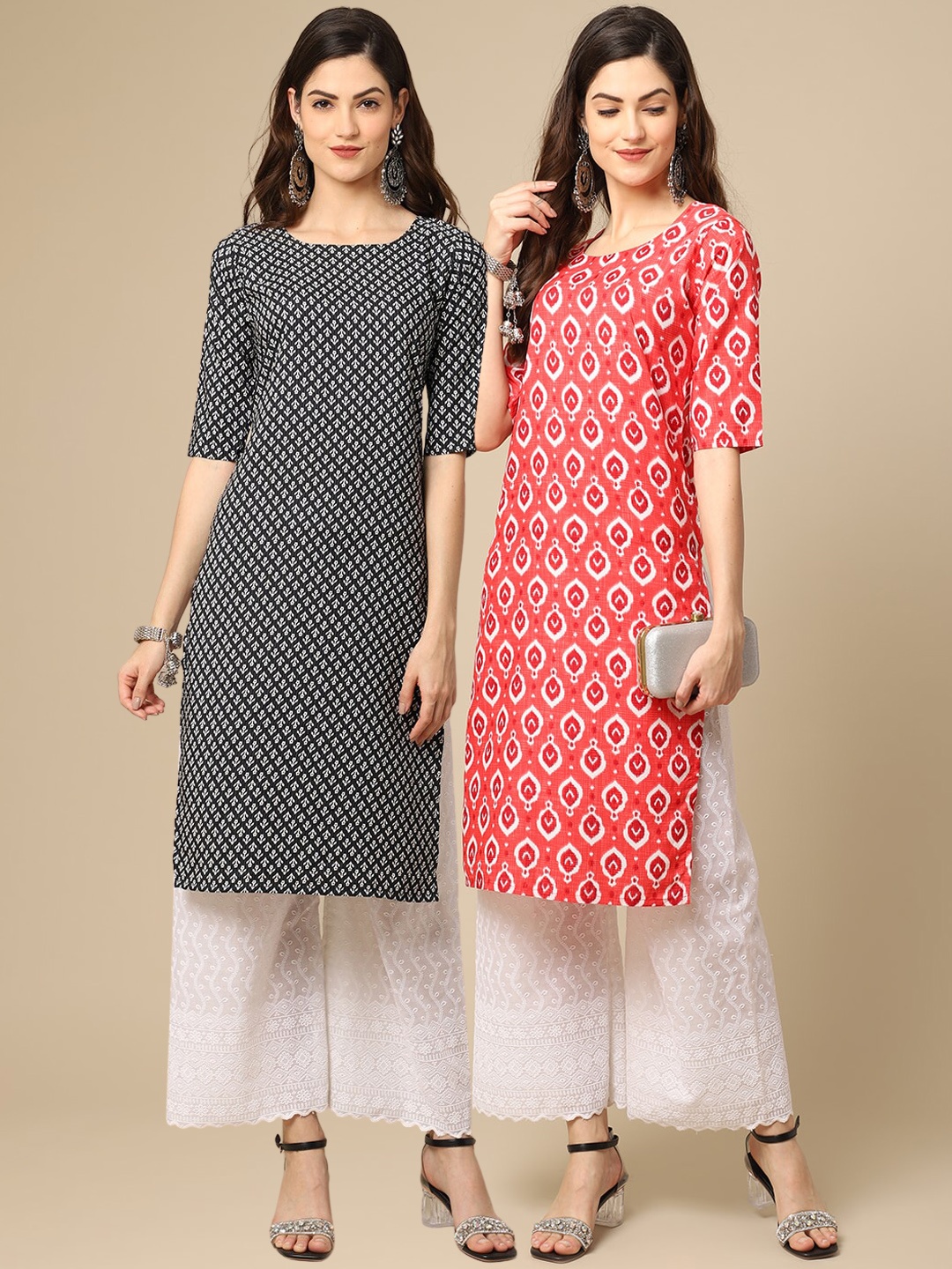 

7Threads Women Black & Orange Geometric Printed Crepe Pack of 2cKurta