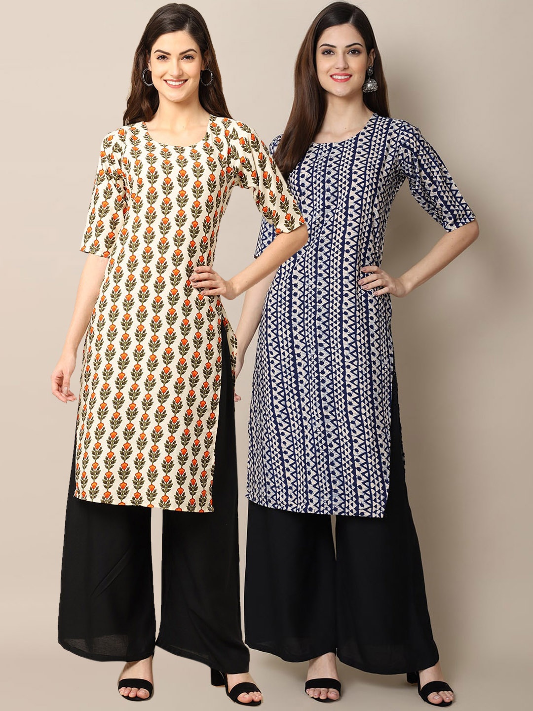 

KALINI Women Pack Of 2 Cream-Coloured & Blue Ethnic Motifs Printed Block Print Crepe Kurta