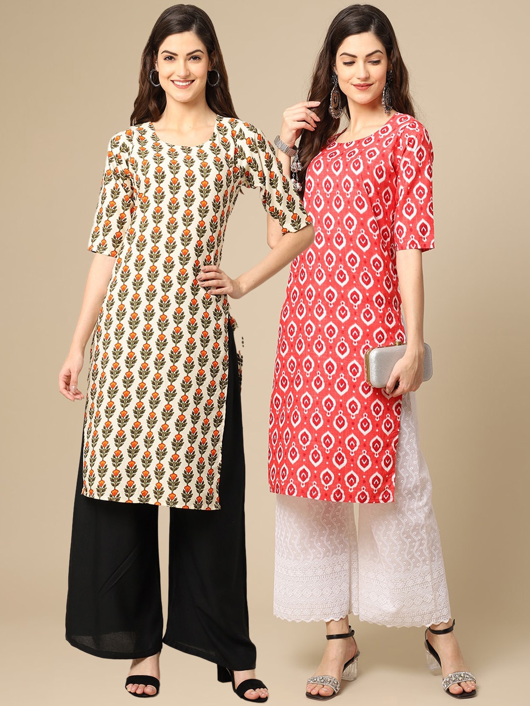 

7Threads Women Pack of 2 White & Pink Ethnic Motifs Printed Crepe Kurta
