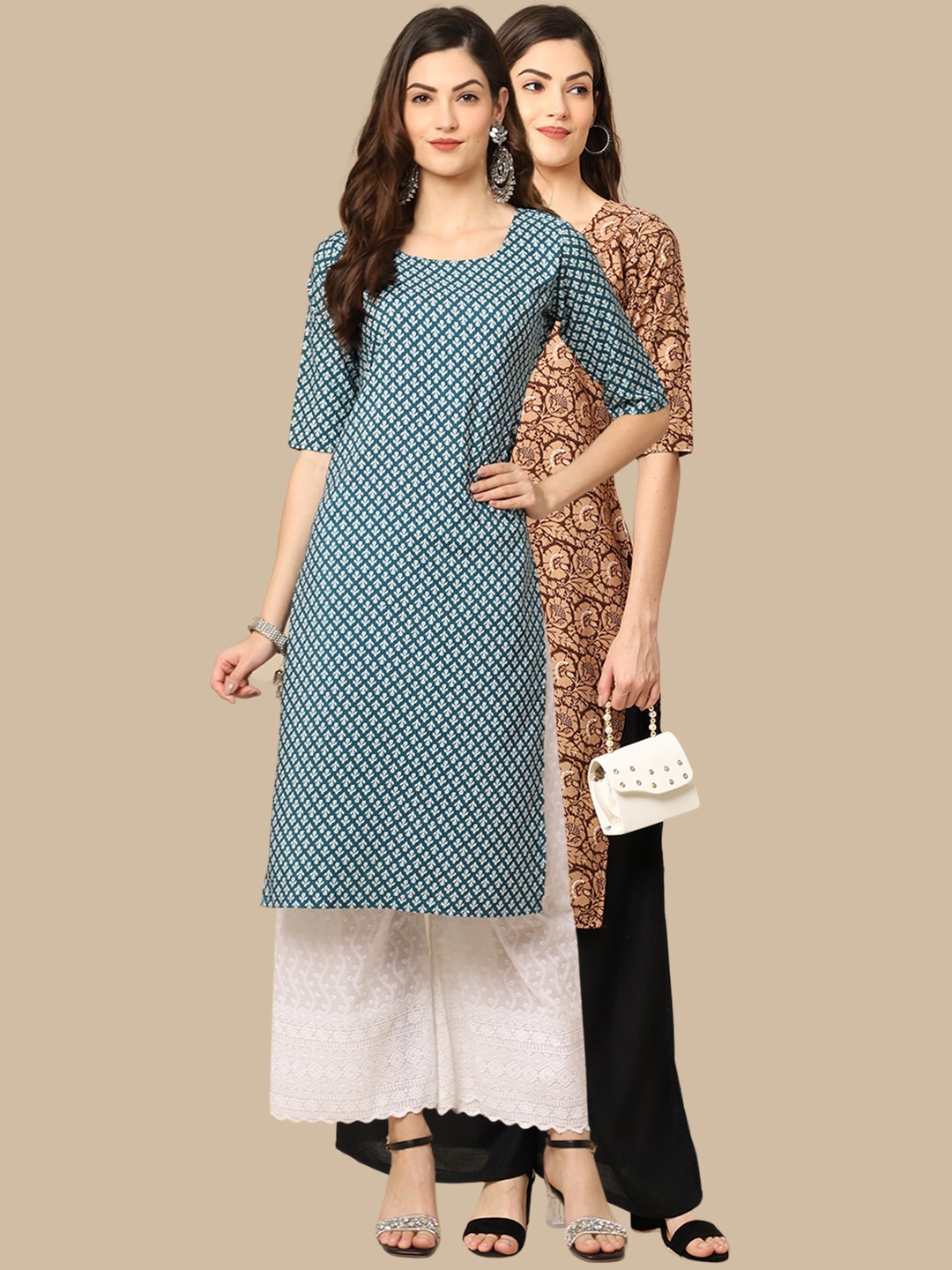 7Threads Women Pack of 2 Brown & Blue Printed Crepe Kurta