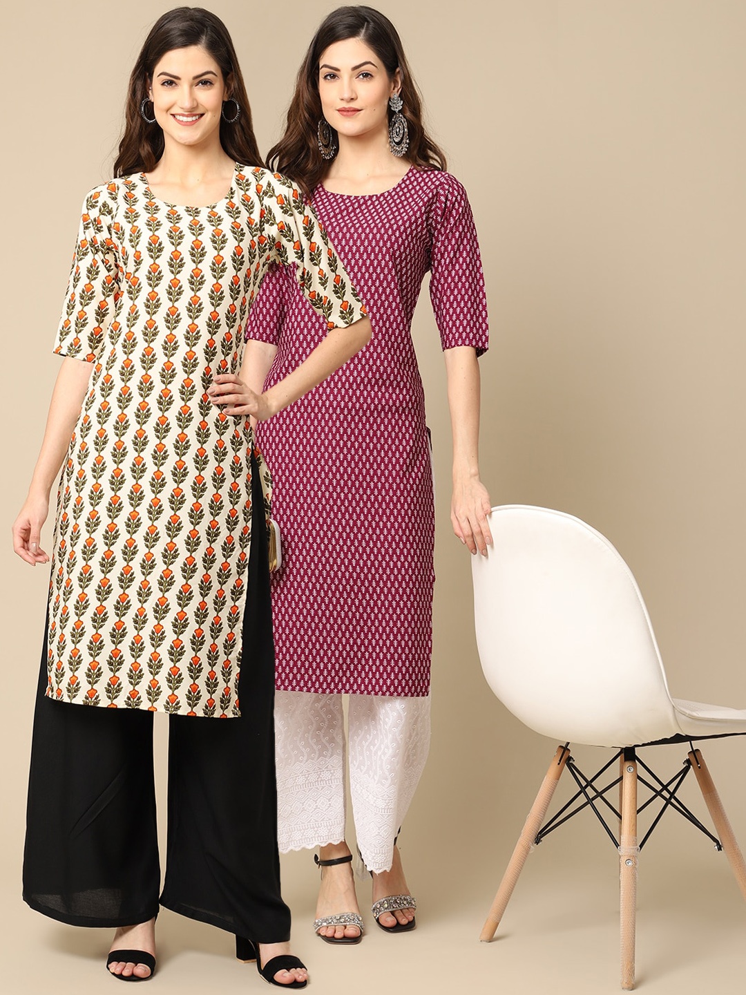 

7Threads Women Pack Of 2 Cream-Coloured & Maroon Floral Printed Crepe Kurta