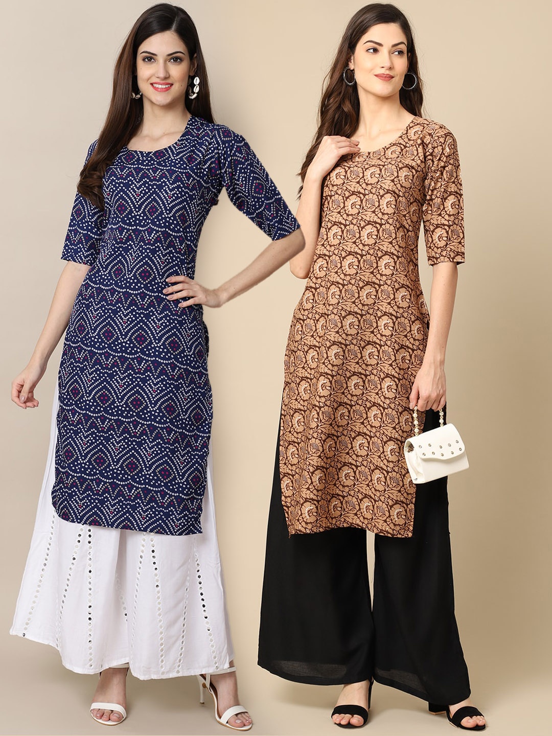 

7Threads Women Pack Of 2 Blue & Brown Ethnic Motifs Printed Block Print Crepe Kurta