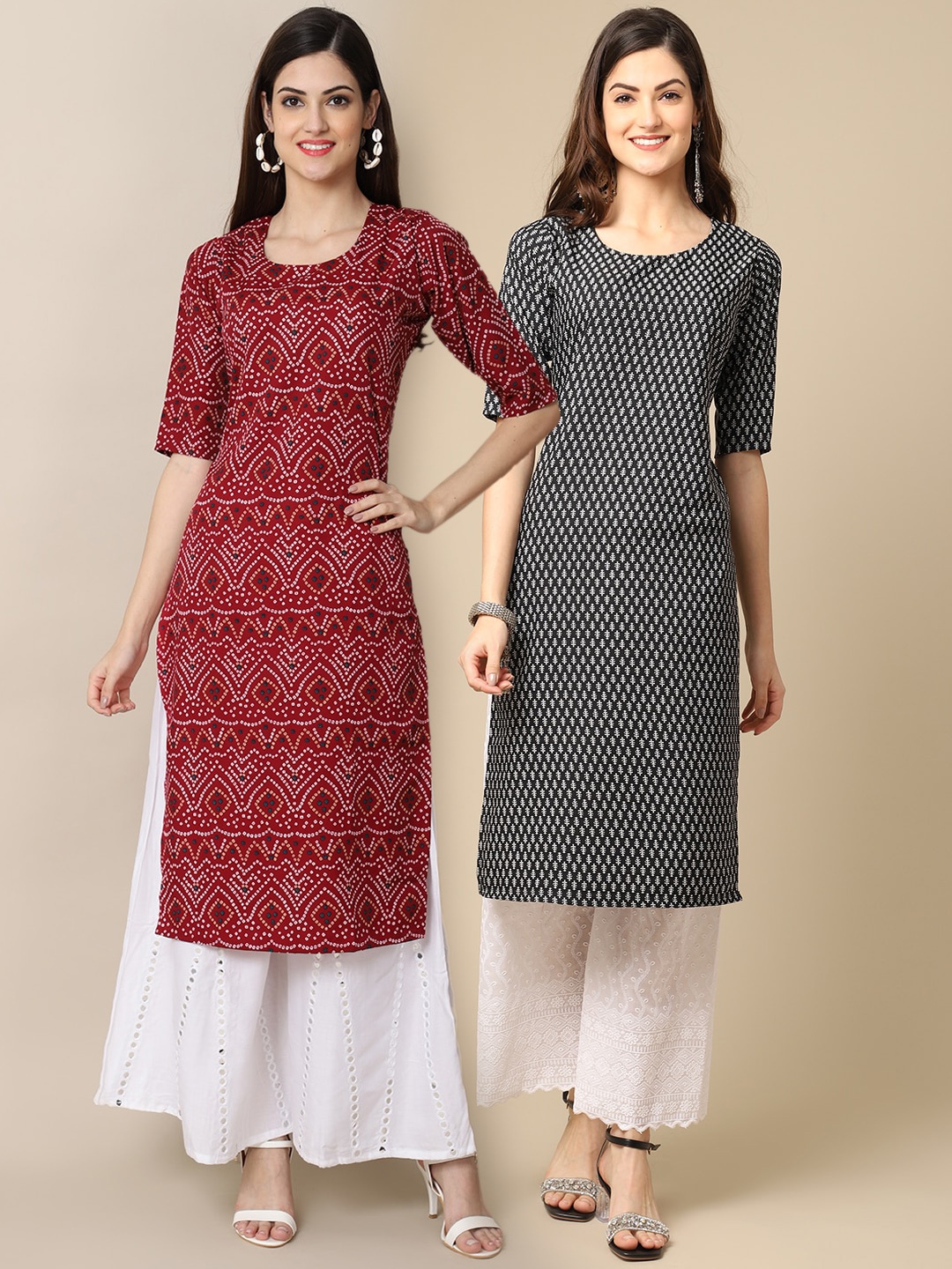 

7Threads Women Pack of 2 Ethnic Motifs Printed Crepe Kurta, Maroon