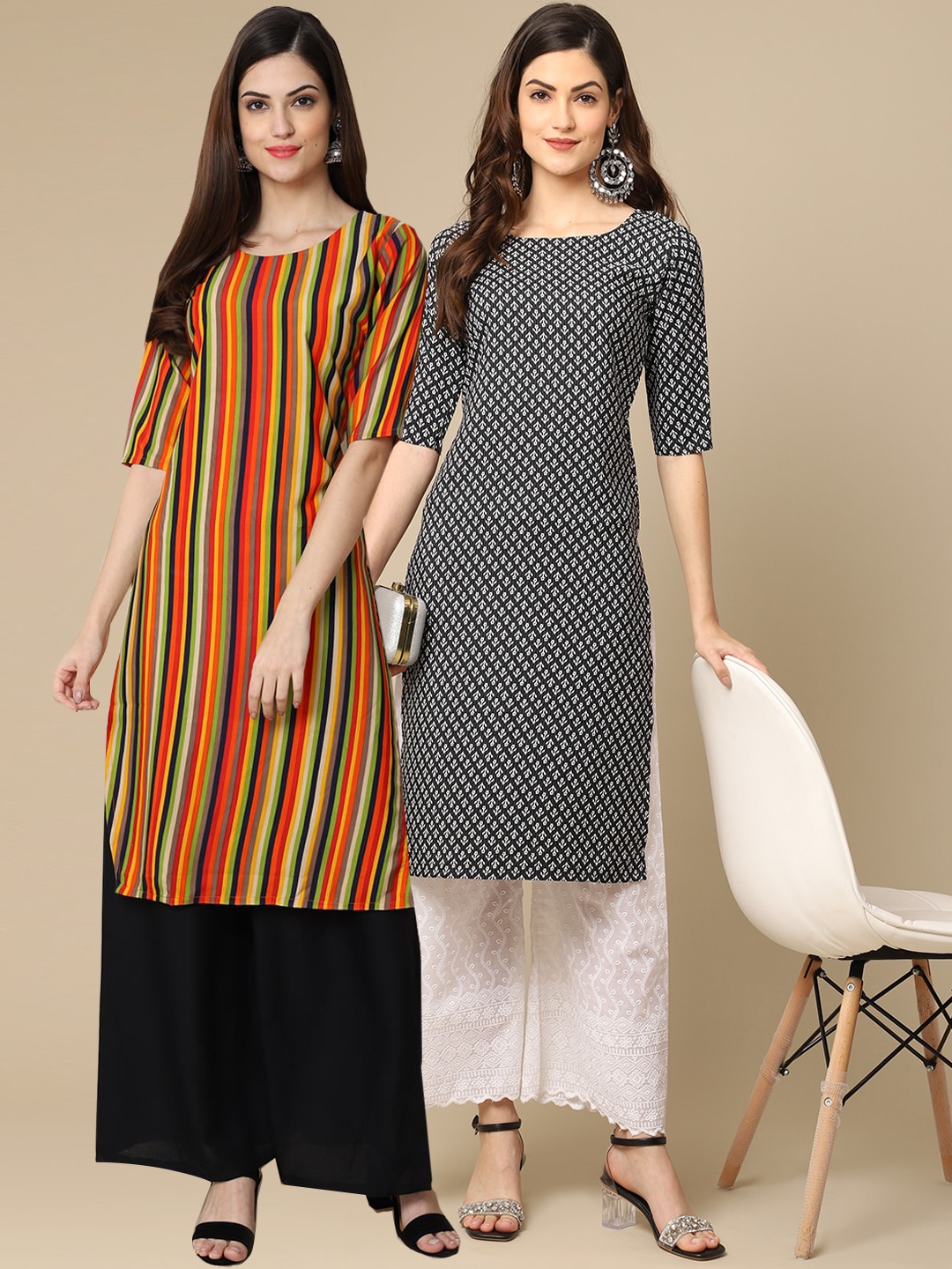 

7Threads Women Pack of 2 Orange & Black Striped Block Print Crepe Kurta