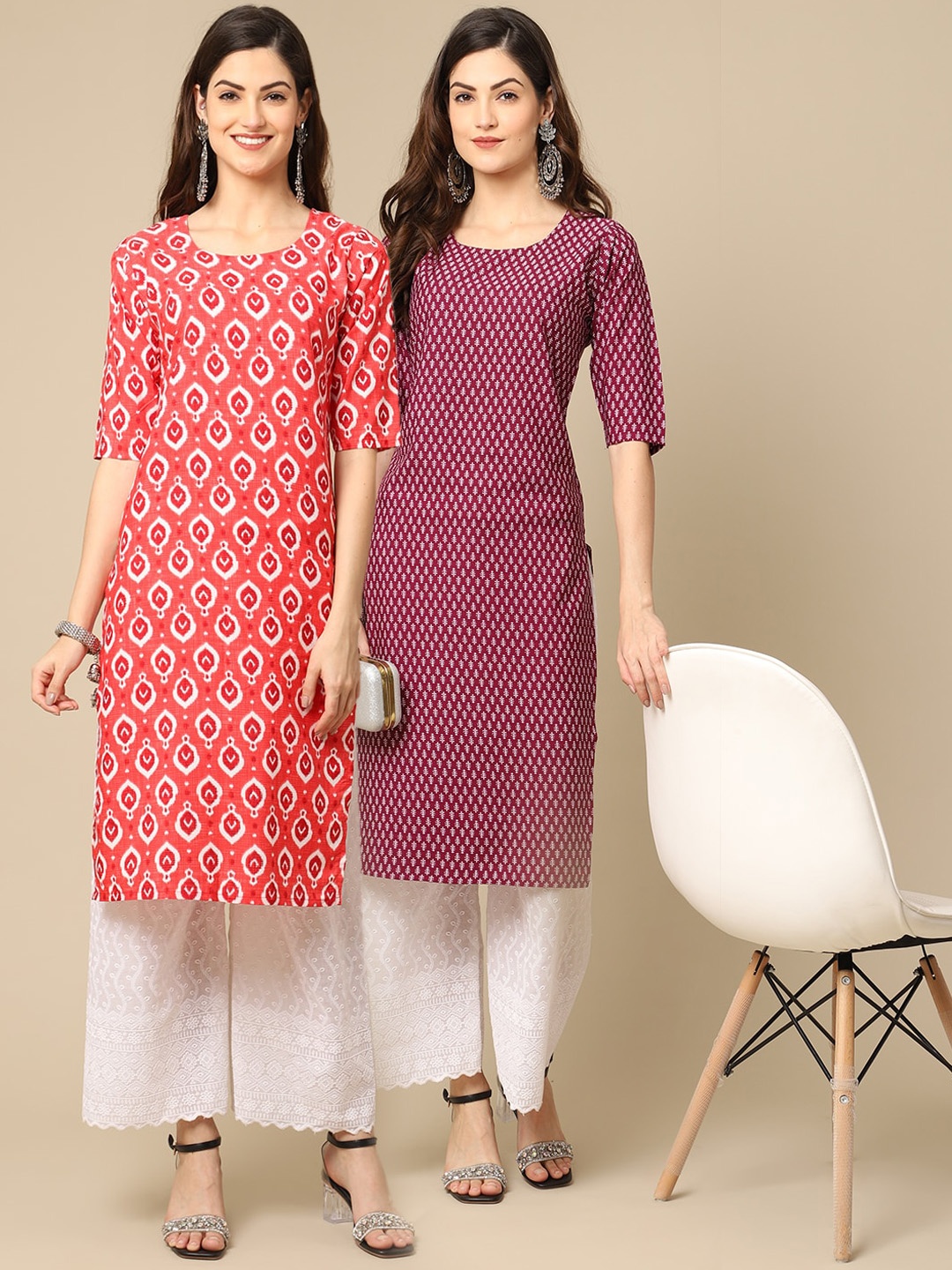 

7Threads Women Set Of 2 Violet & Peach-Coloured Floral Printed Crepe Kurta