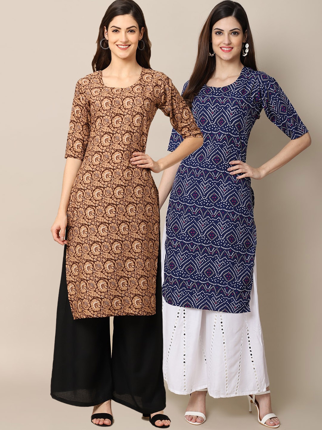 

7Threads Women's Crepe Brown & Blue Color Printed Straight Handloom Kurta (PACK OF 2)