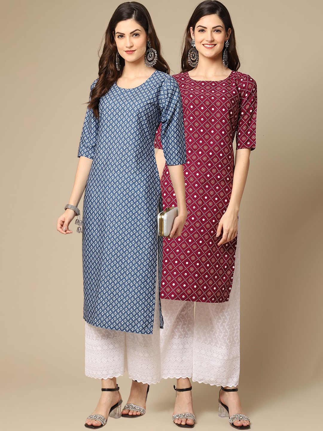 

7Threads Women Pack of 2 Blue & Red Ethnic Motifs Printed Crepe Kurta