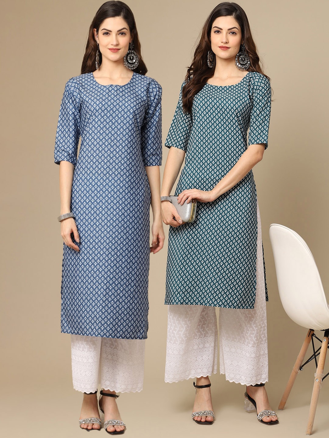 

7Threads Women Blue & Green Pack Of 2 Geometric Printed Crepe Kurta
