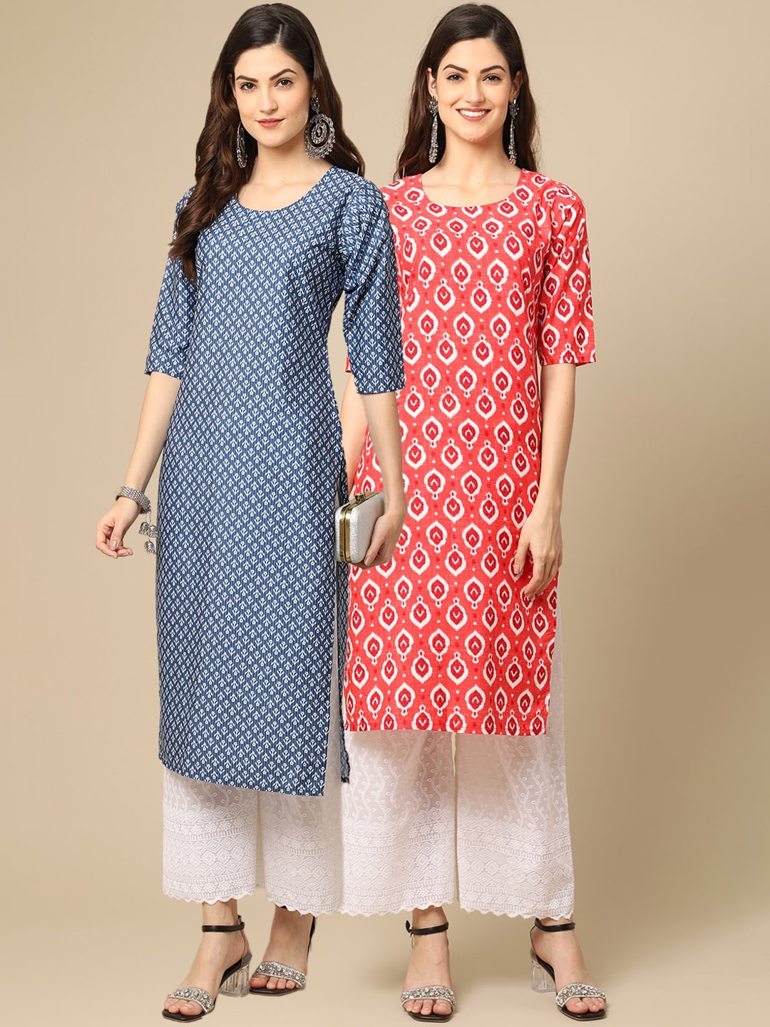 

7Threads Women Pack Of 2 Blue & Peach-Coloured Ethnic Motifs Printed Crepe Kurta