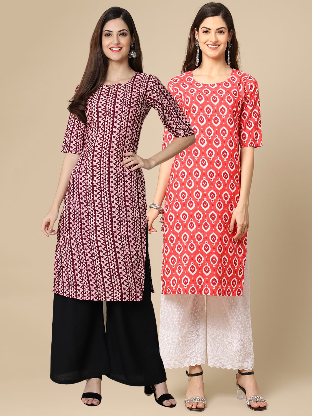 

7Threads Women Pack of 2 Magenta & Orange Geometric Printed Crepe Kurta