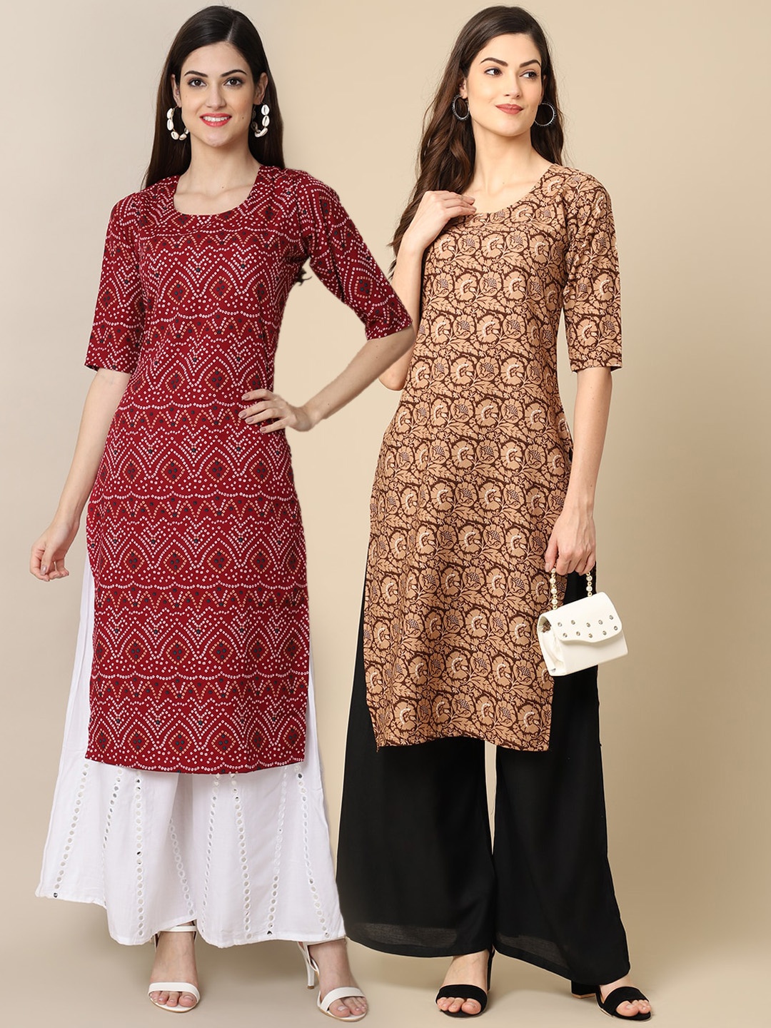 

7Threads Women Pack Of 2 Maroon & Beige Ethnic Motifs Printed Crepe Kurta