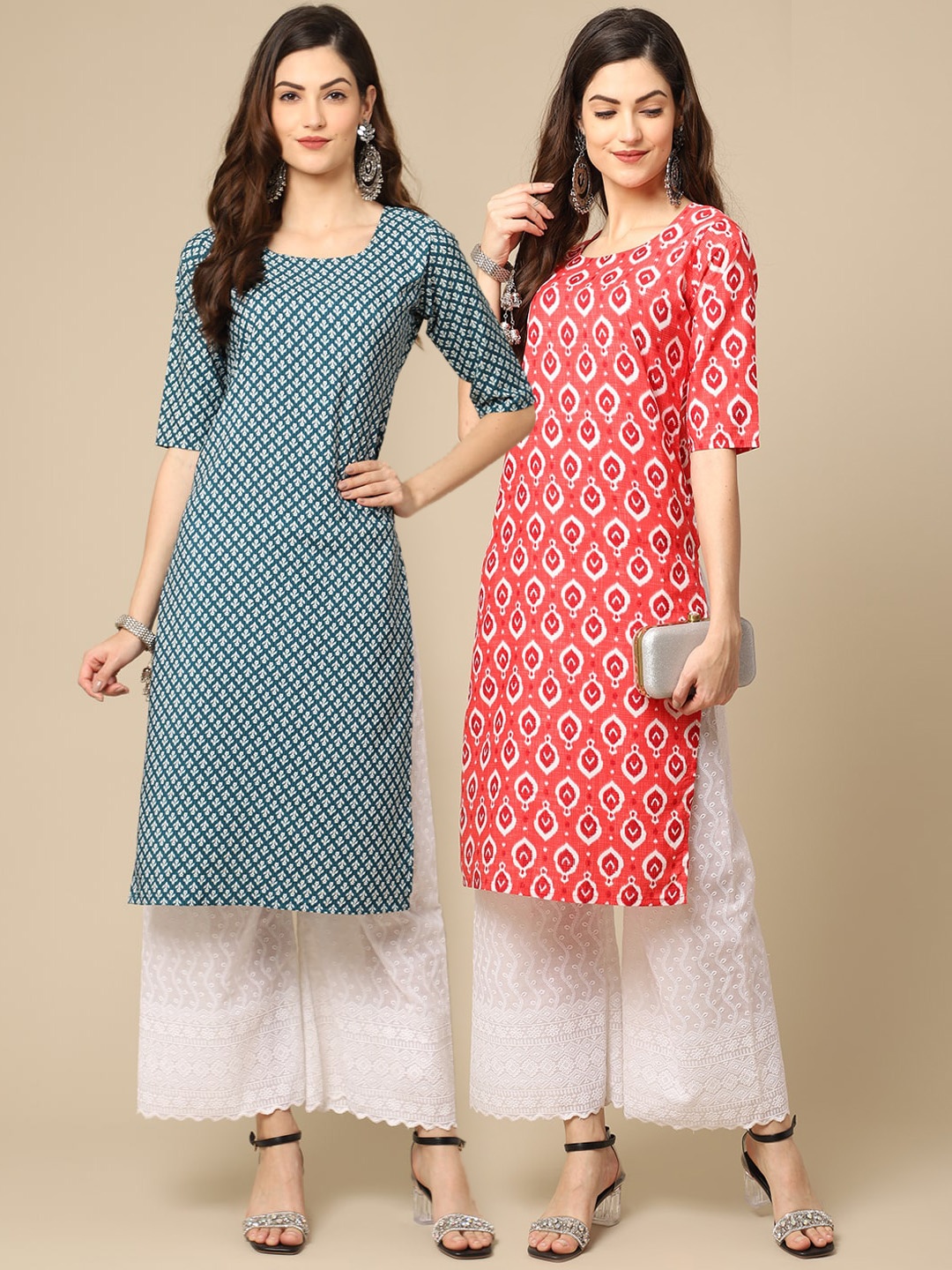 

7Threads Women Pack Of 2 Coral & Teal Floral Printed Block Print Crepe Kurtas