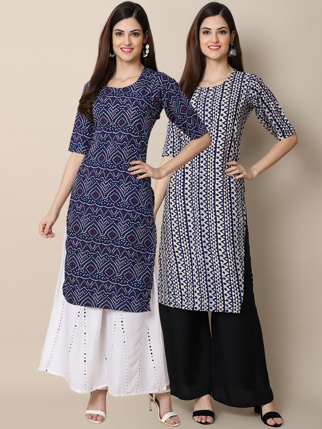 

7Threads Women Navy Pack Of 2 Blue & White Printed Block Print Crepe Kurtas, Navy blue