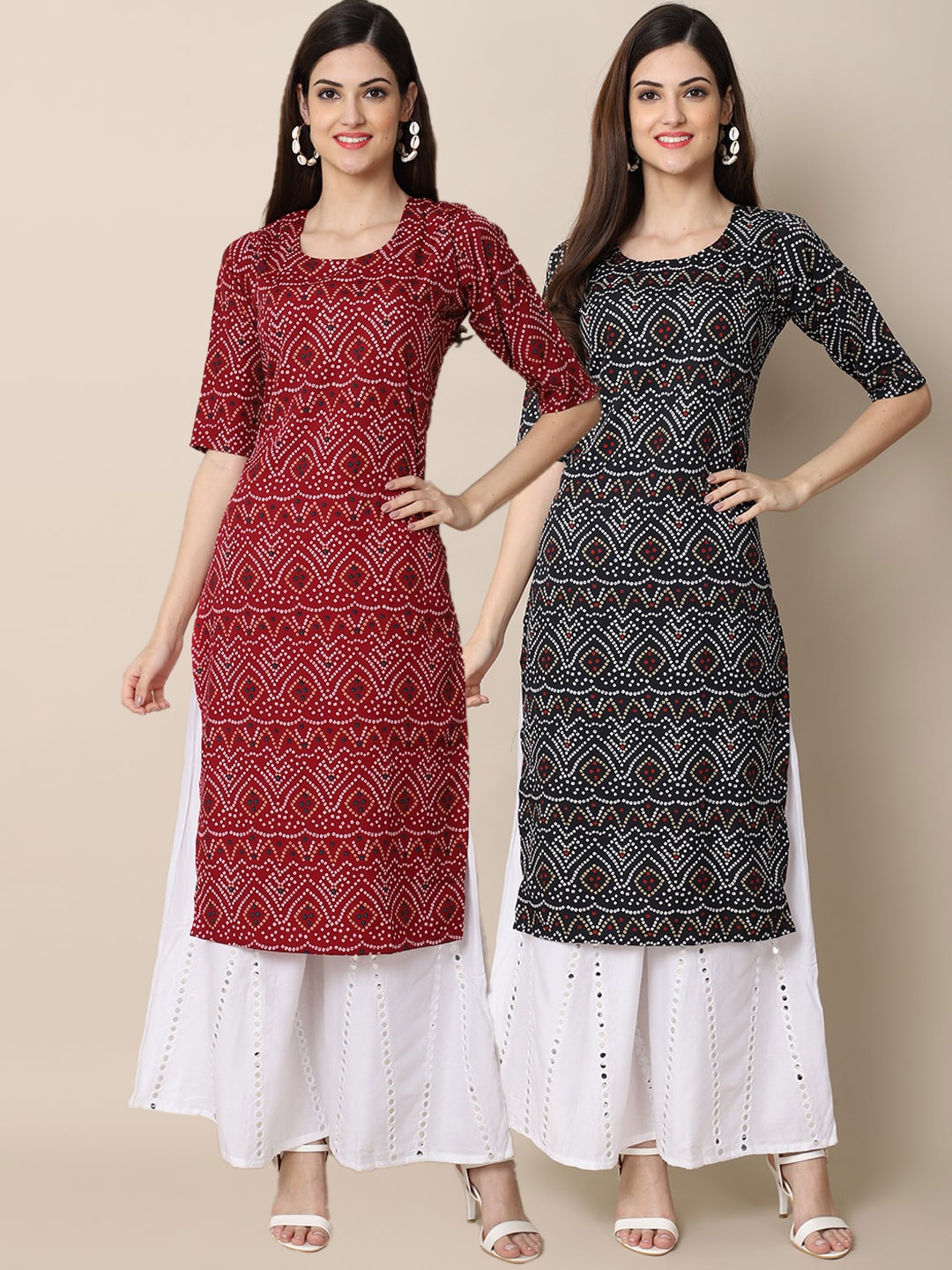 

7Threads Women Pack of 2 Red & Black Ethnic Motifs Printed Crepe Kurta